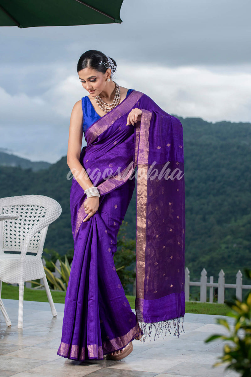 Purple Matka Silk Light Golden Border Handwoven Saree