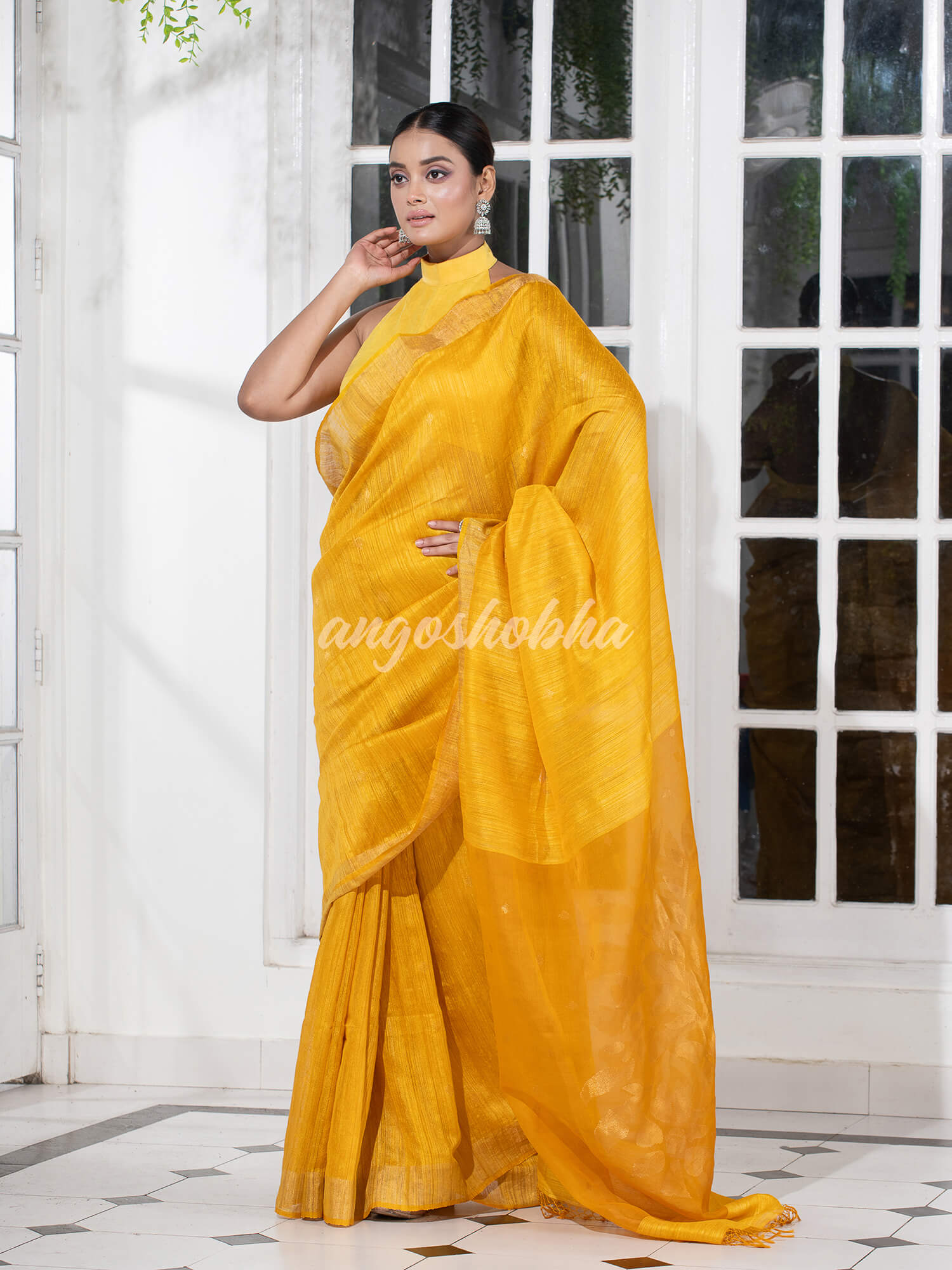 Yellow Matka Silk Light Golden Border Handwoven Saree