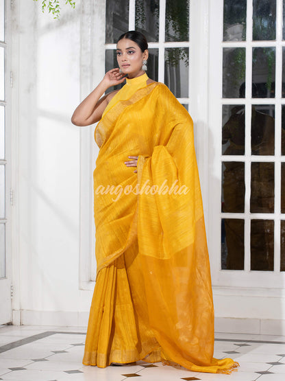 Yellow Matka Silk Light Golden Border Handwoven Saree