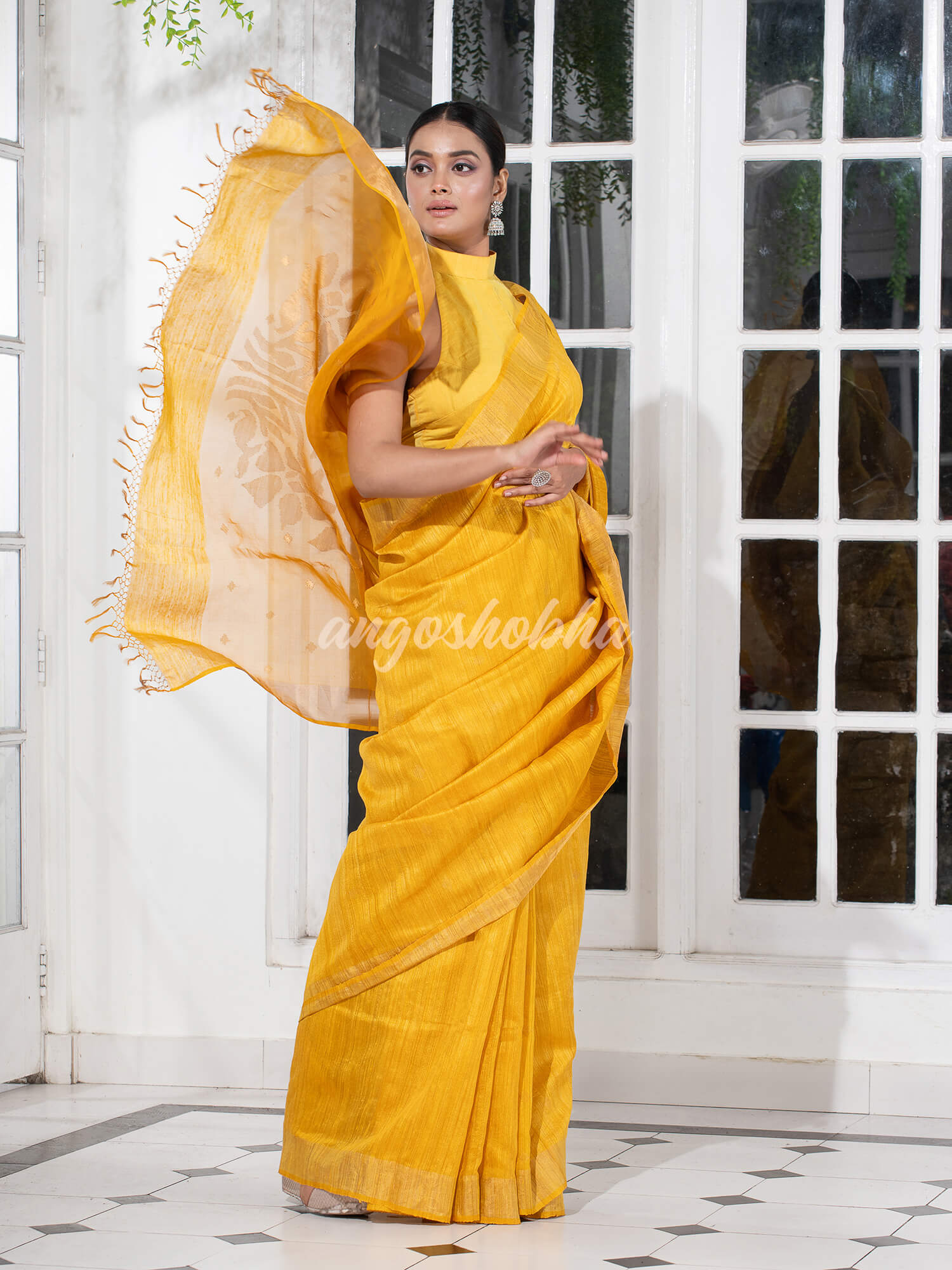 Yellow Matka Silk Light Golden Border Handwoven Saree
