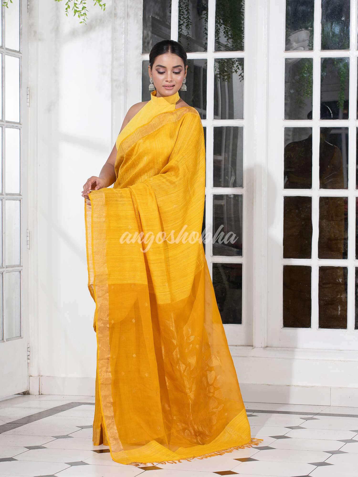 Yellow Matka Silk Light Golden Border Handwoven Saree