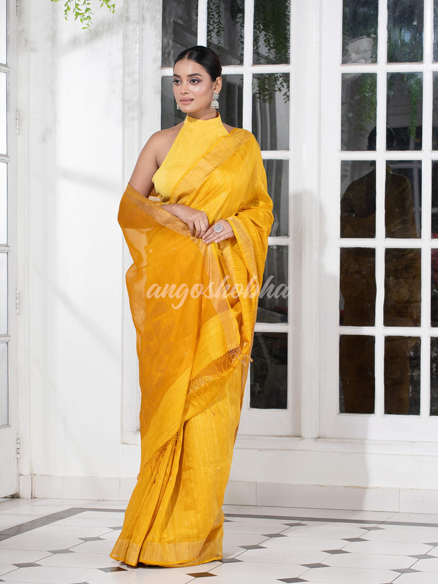 Yellow Matka Silk Light Golden Border Handwoven Saree