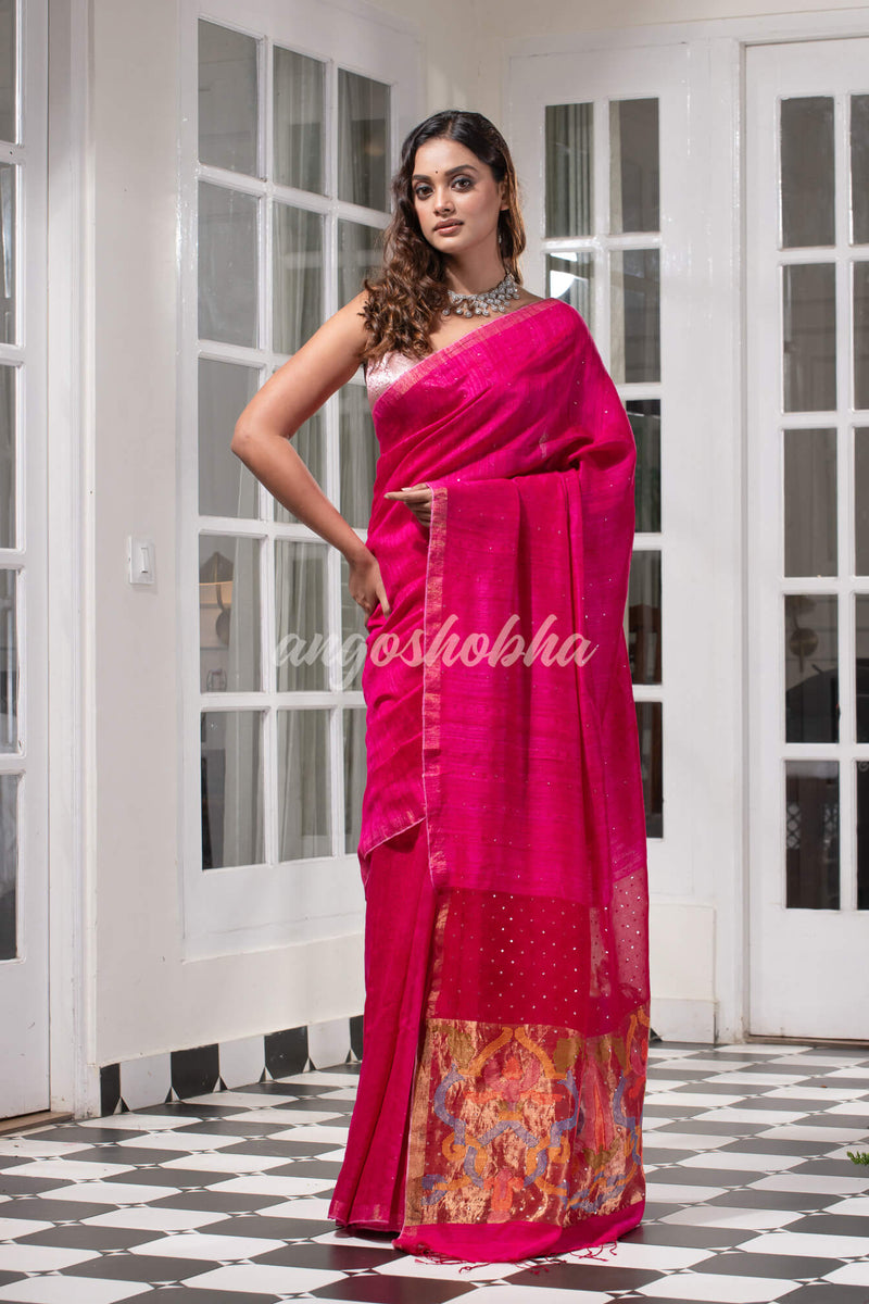 Fuscia Pink Paithani Matka Silk Handwoven Saree