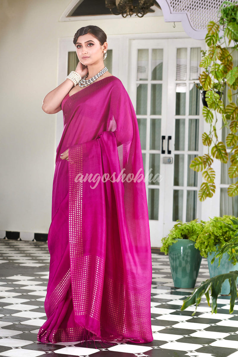 Neon Pink Muslin Silk Handloom Saree