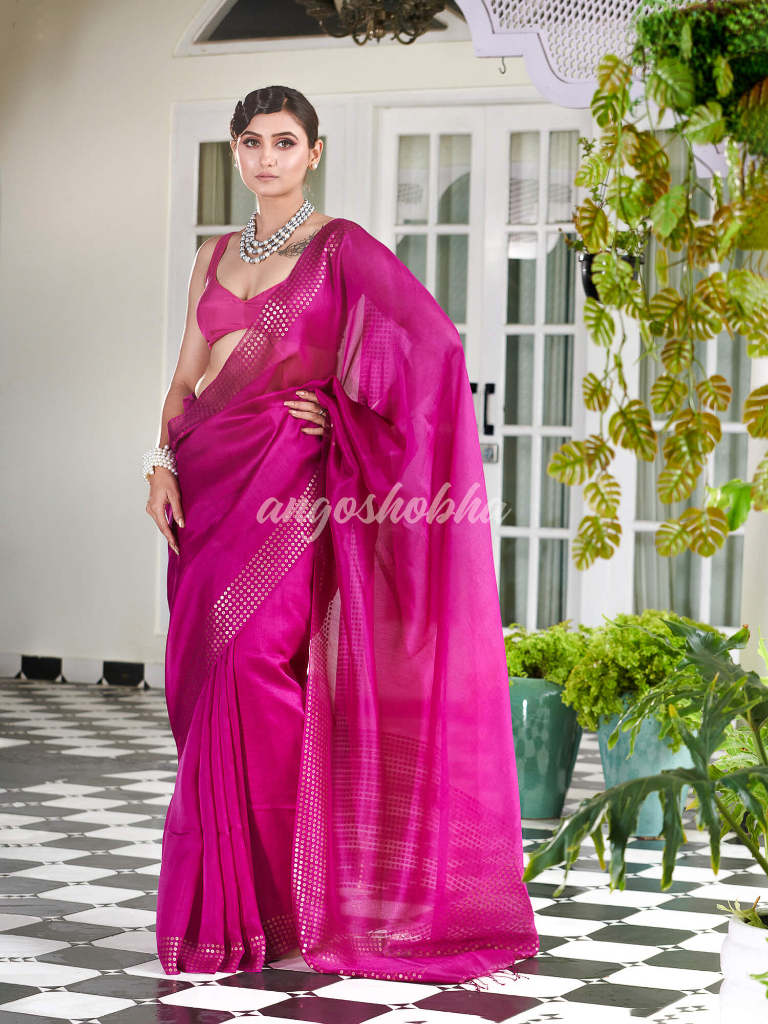 Neon Pink Muslin Silk Handloom Saree