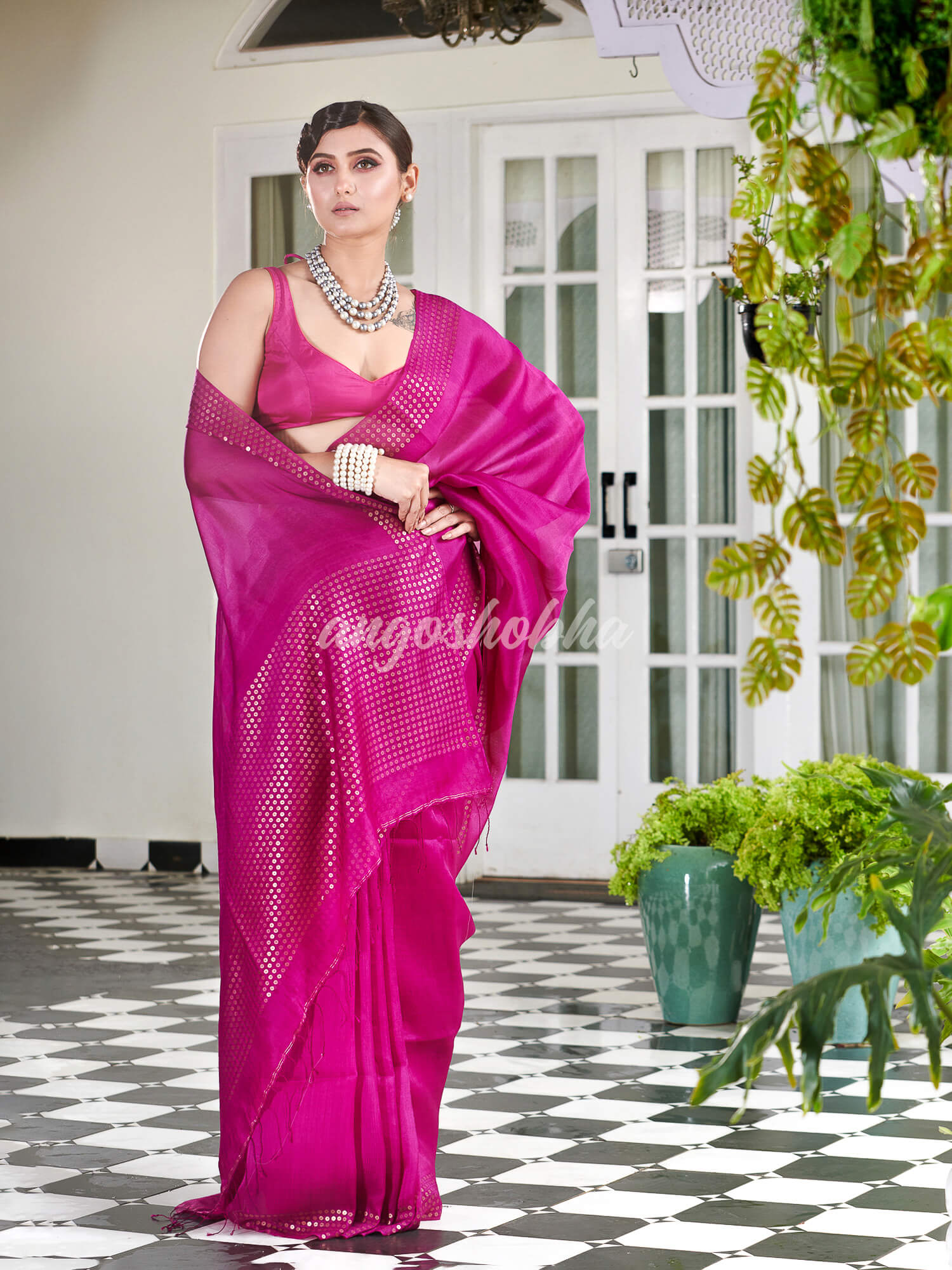 Neon Pink Muslin Silk Handloom Saree