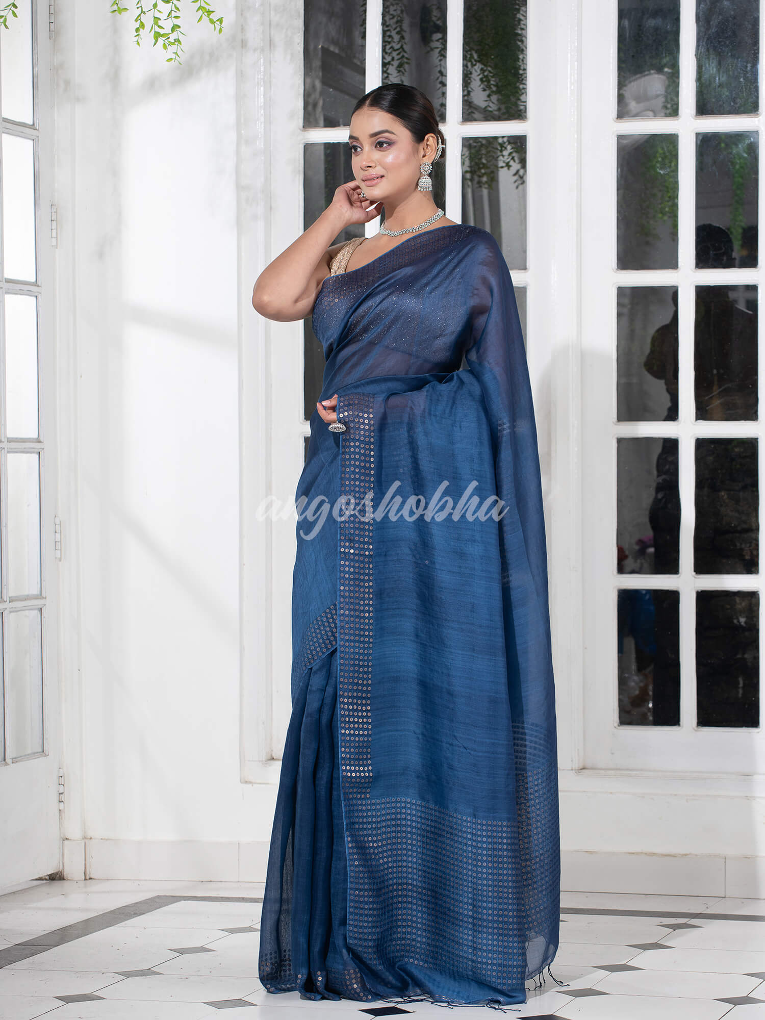 Sapphire Blue  Muslin Silk Handloom Saree