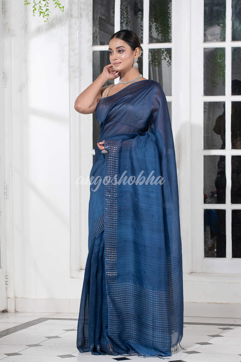 Sapphire Blue  Muslin Silk Handloom Saree