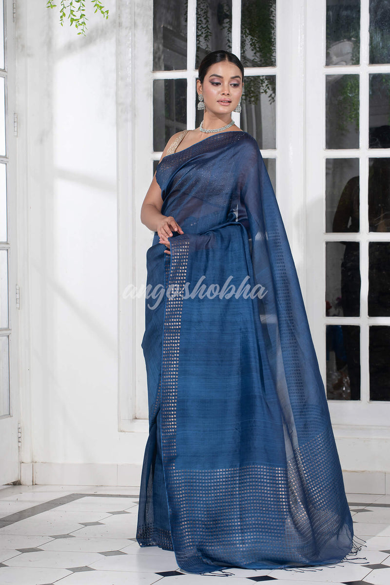 Sapphire Blue  Muslin Silk Handloom Saree