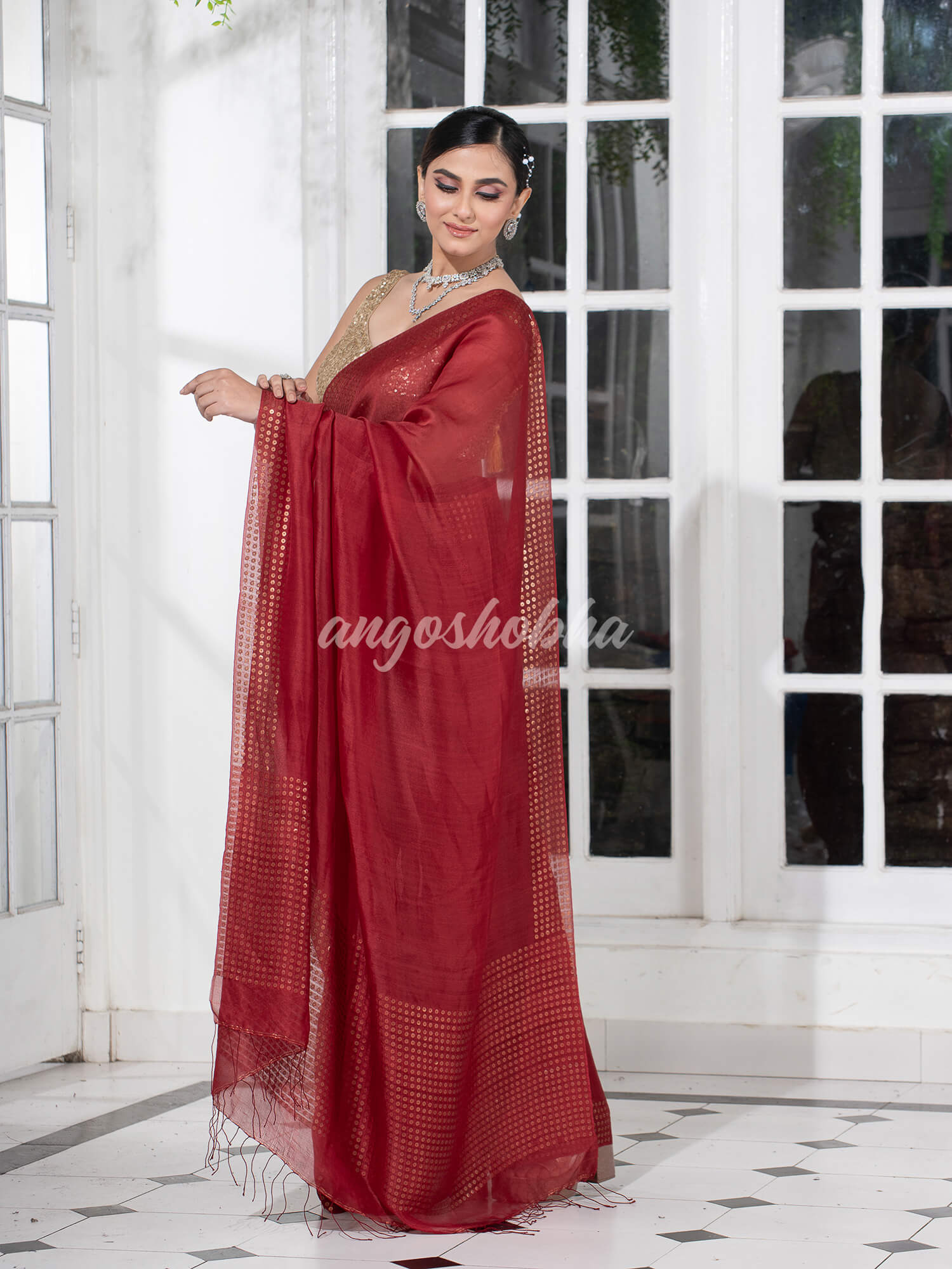 Maroon Muslin Silk Handloom Saree