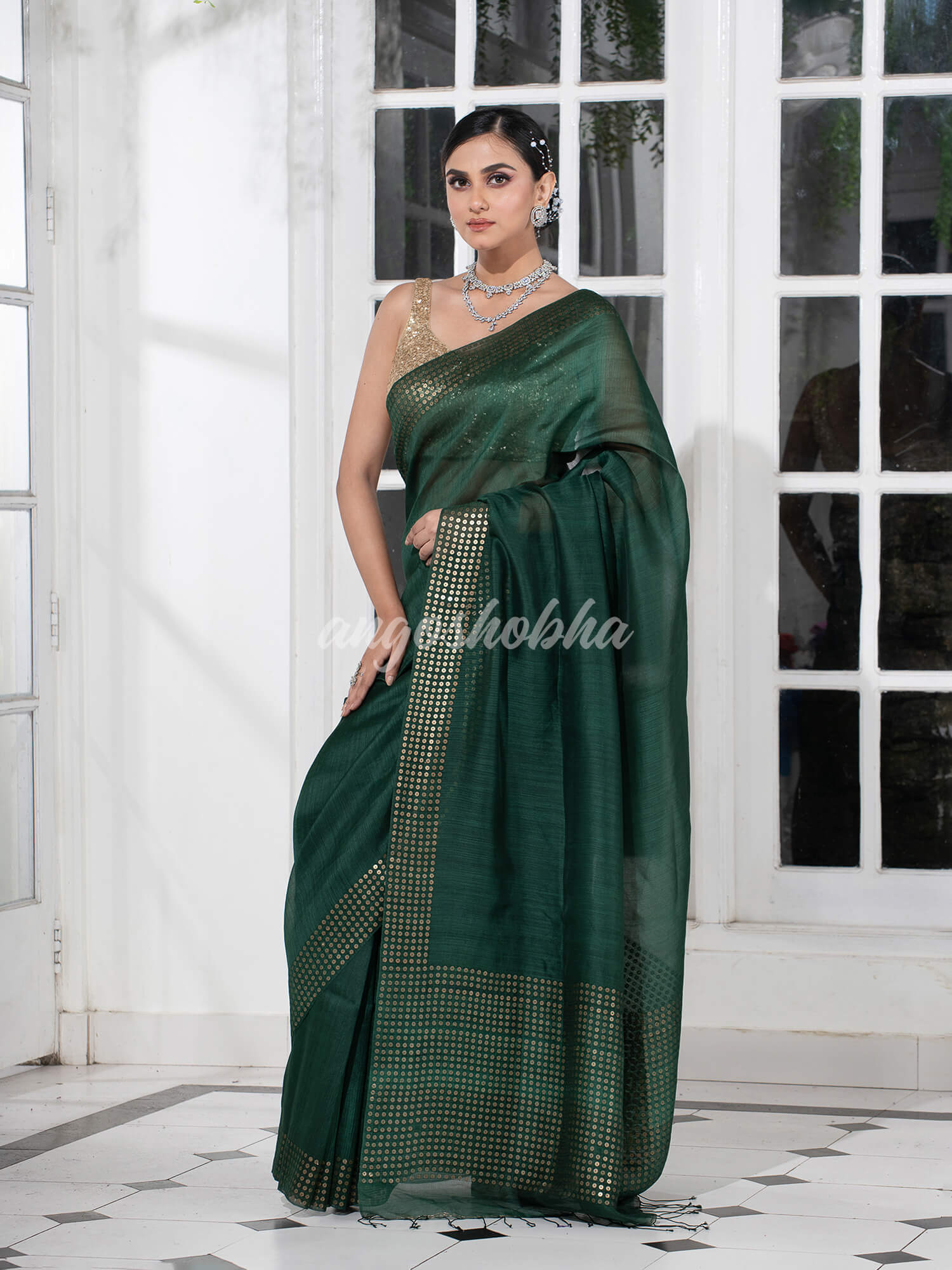 Myrtle Green  Muslin Silk Handloom Saree