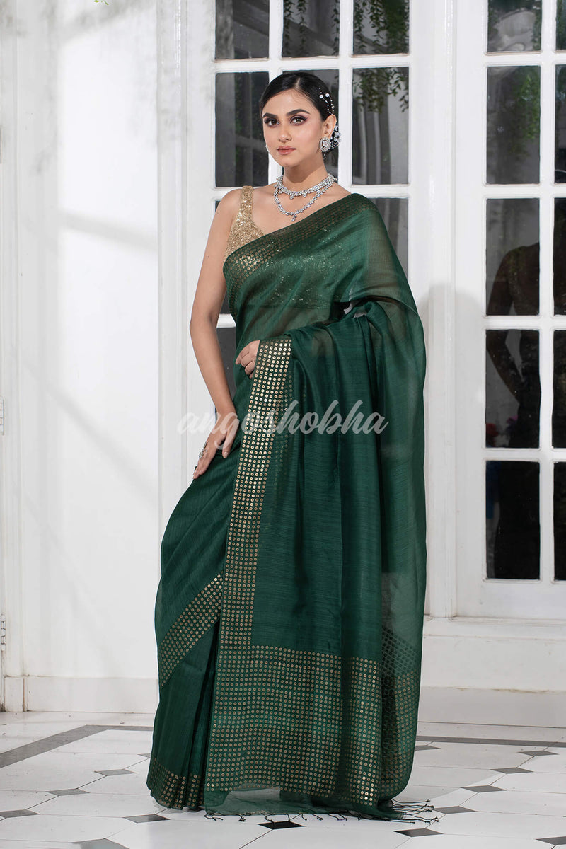Myrtle Green  Muslin Silk Handloom Saree