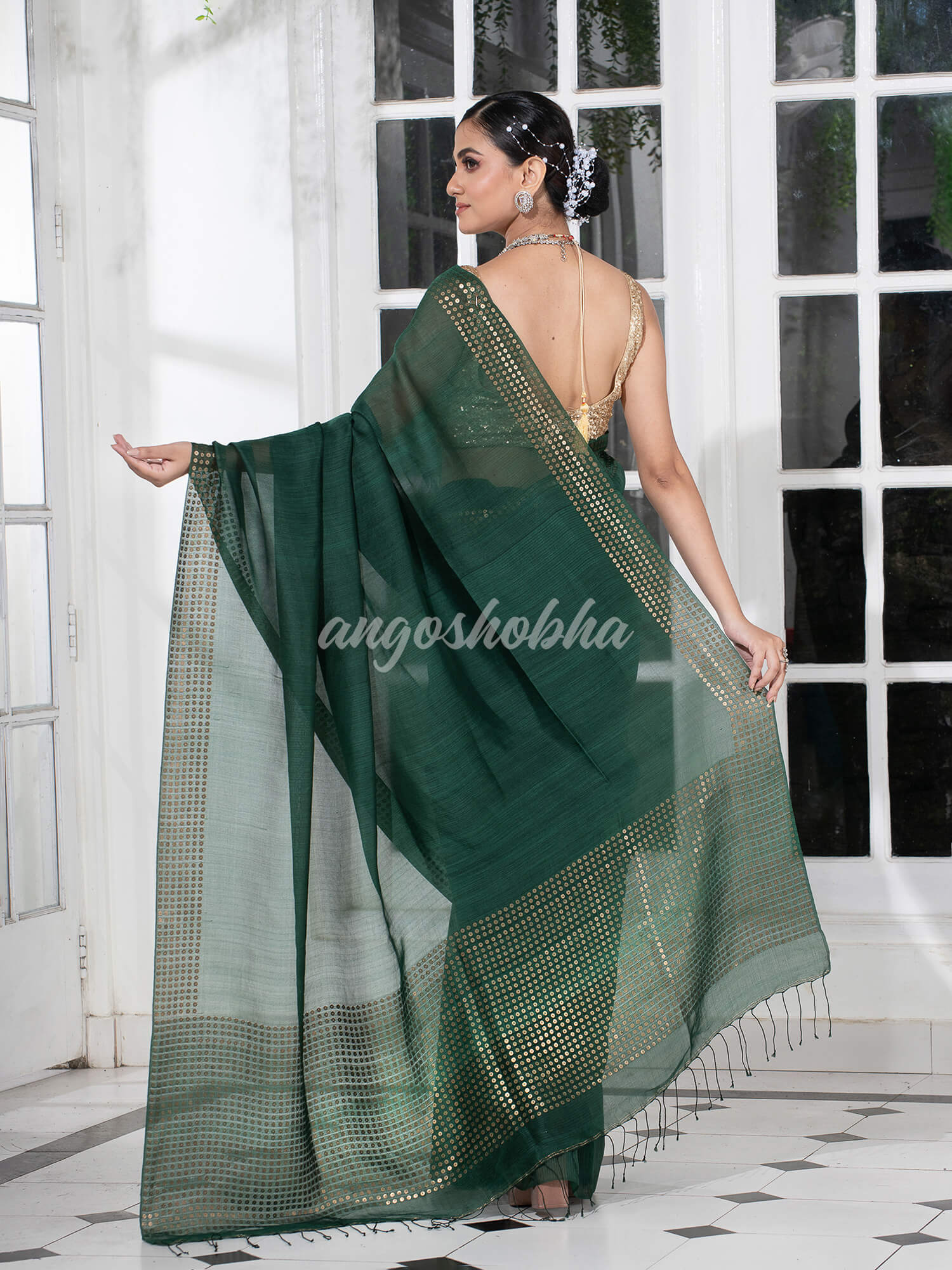 Myrtle Green  Muslin Silk Handloom Saree