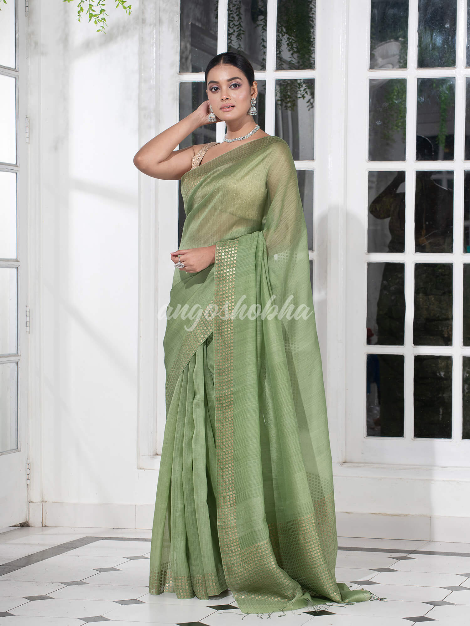 Honeydew Green Muslin Silk Handloom Saree