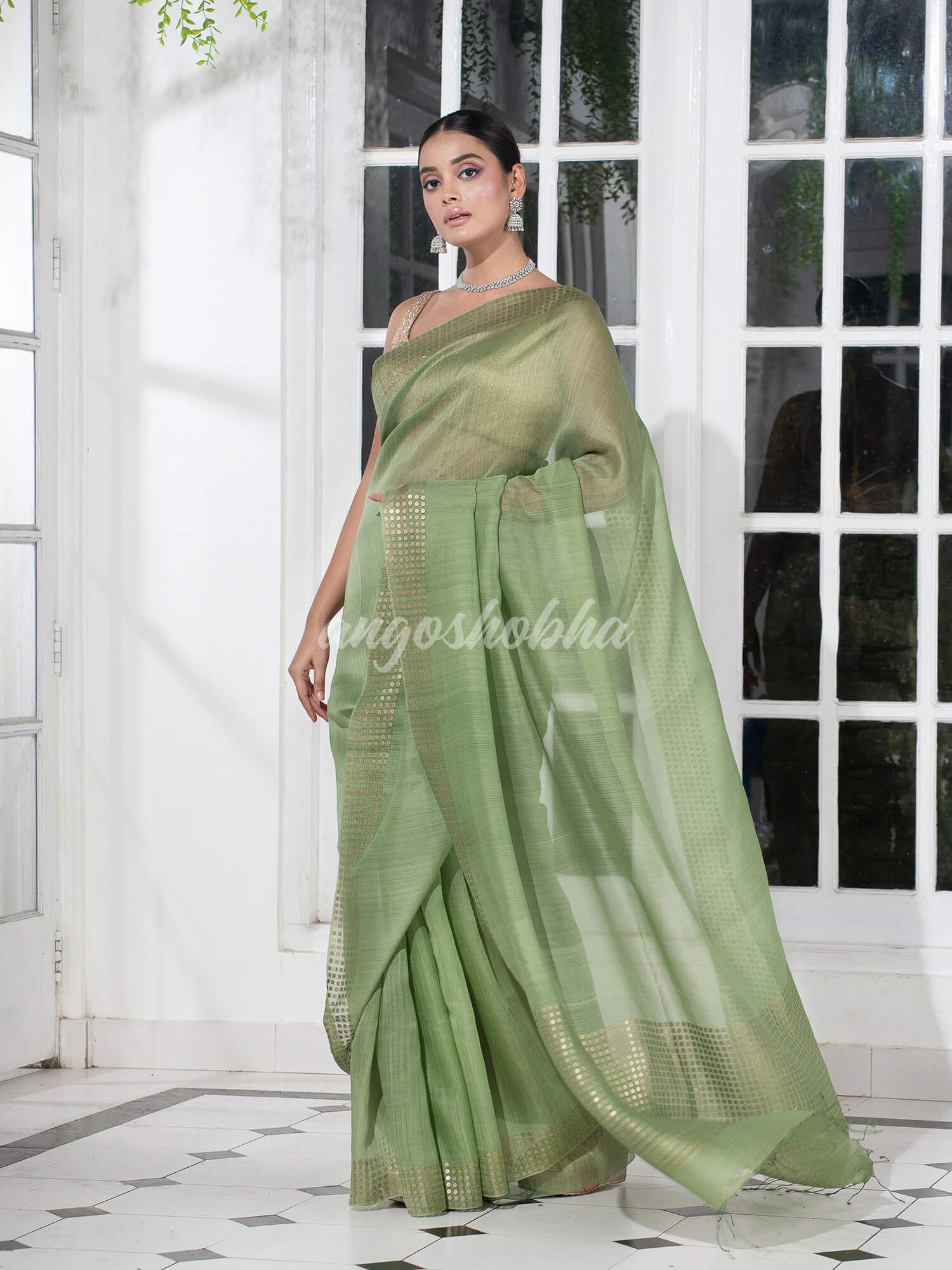 Honeydew Green Muslin Silk Handloom Saree