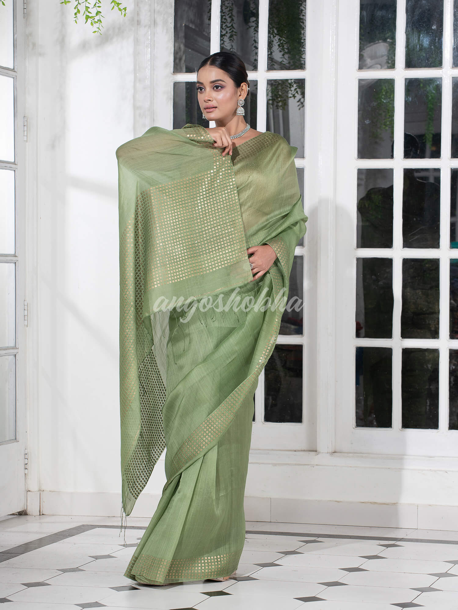 Honeydew Green Muslin Silk Handloom Saree