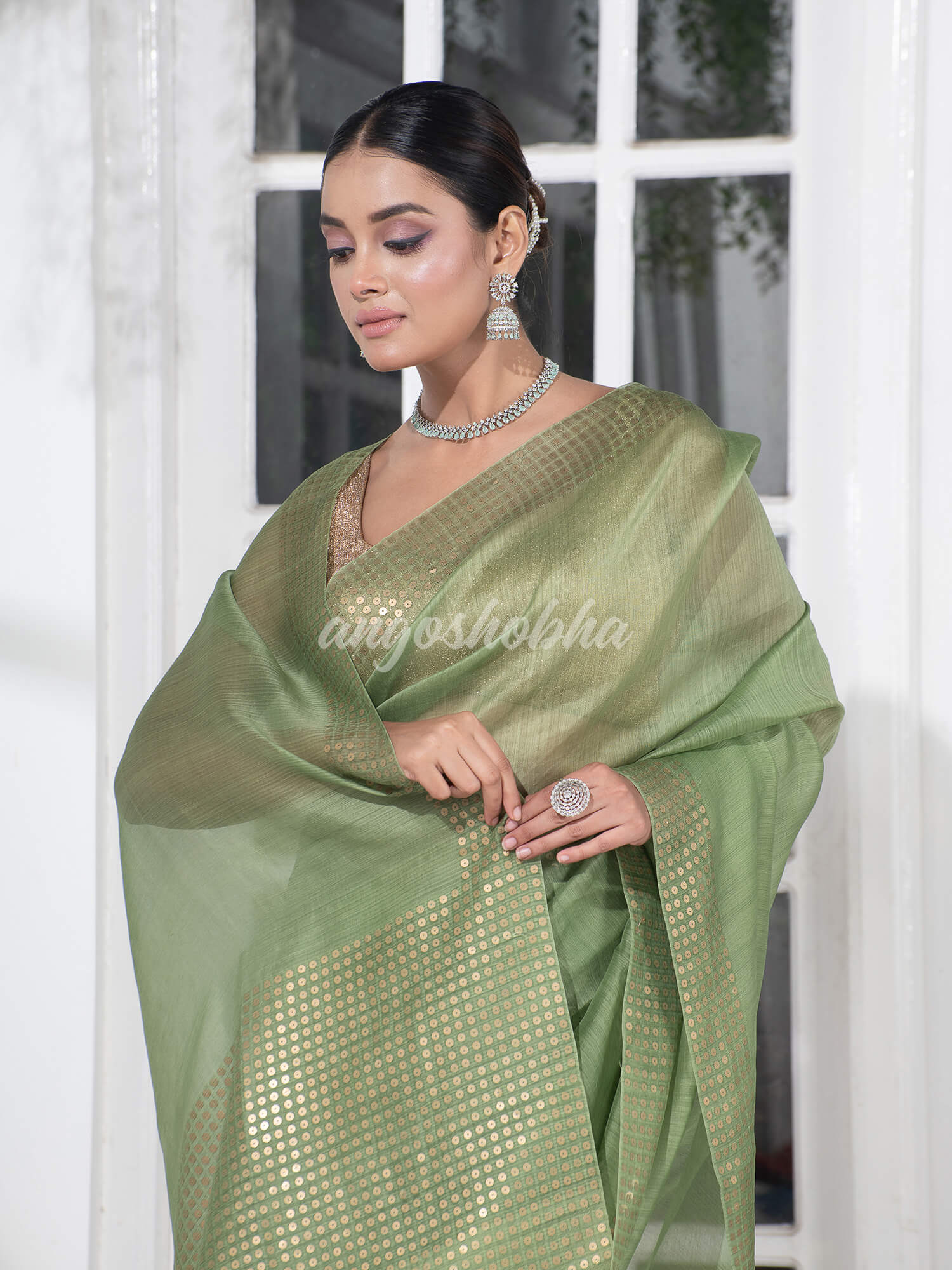 Honeydew Green Muslin Silk Handloom Saree