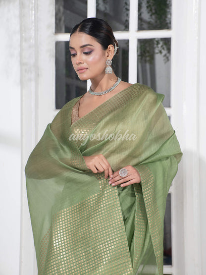 Honeydew Green Muslin Silk Handloom Saree
