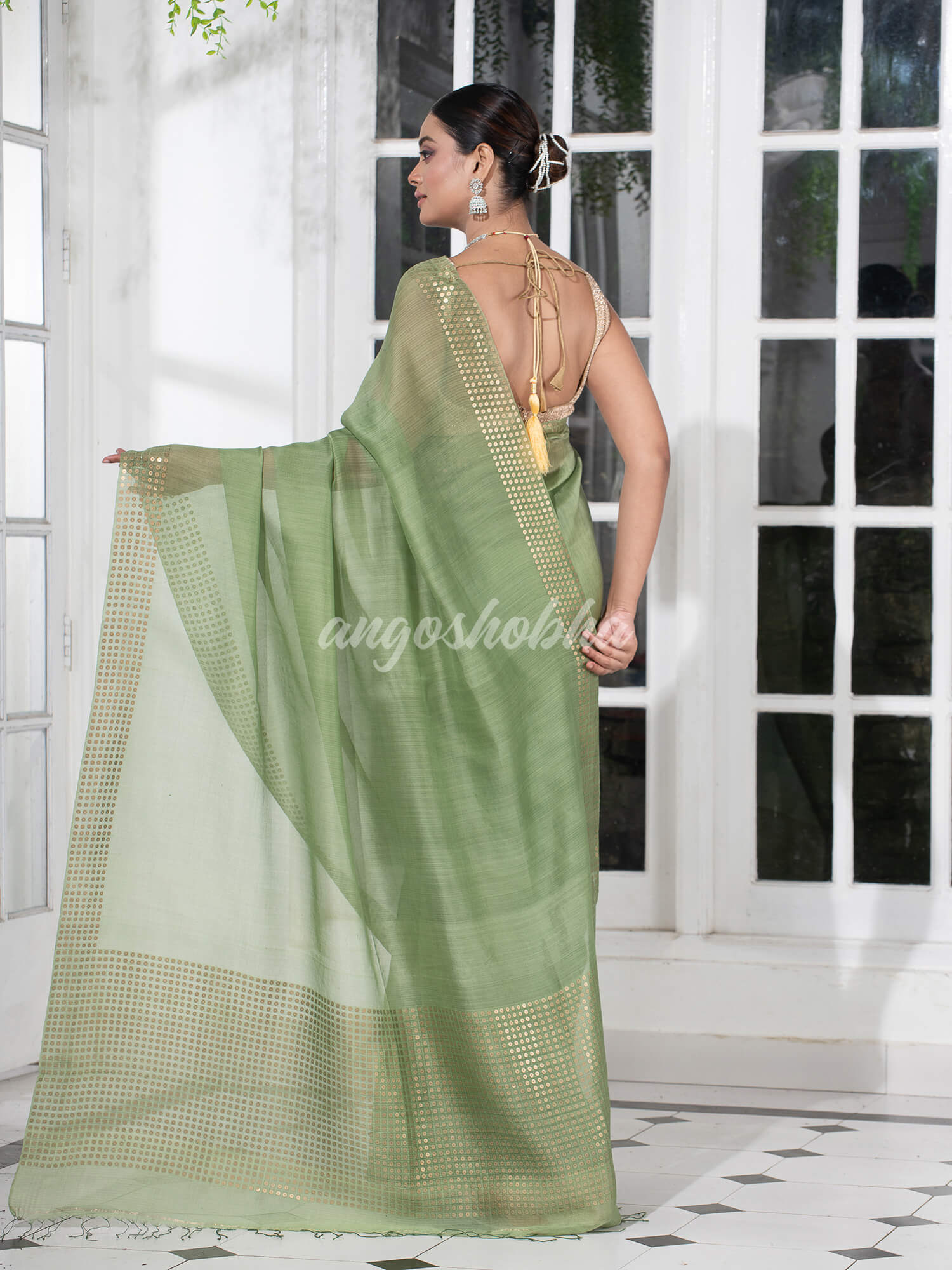 Honeydew Green Muslin Silk Handloom Saree