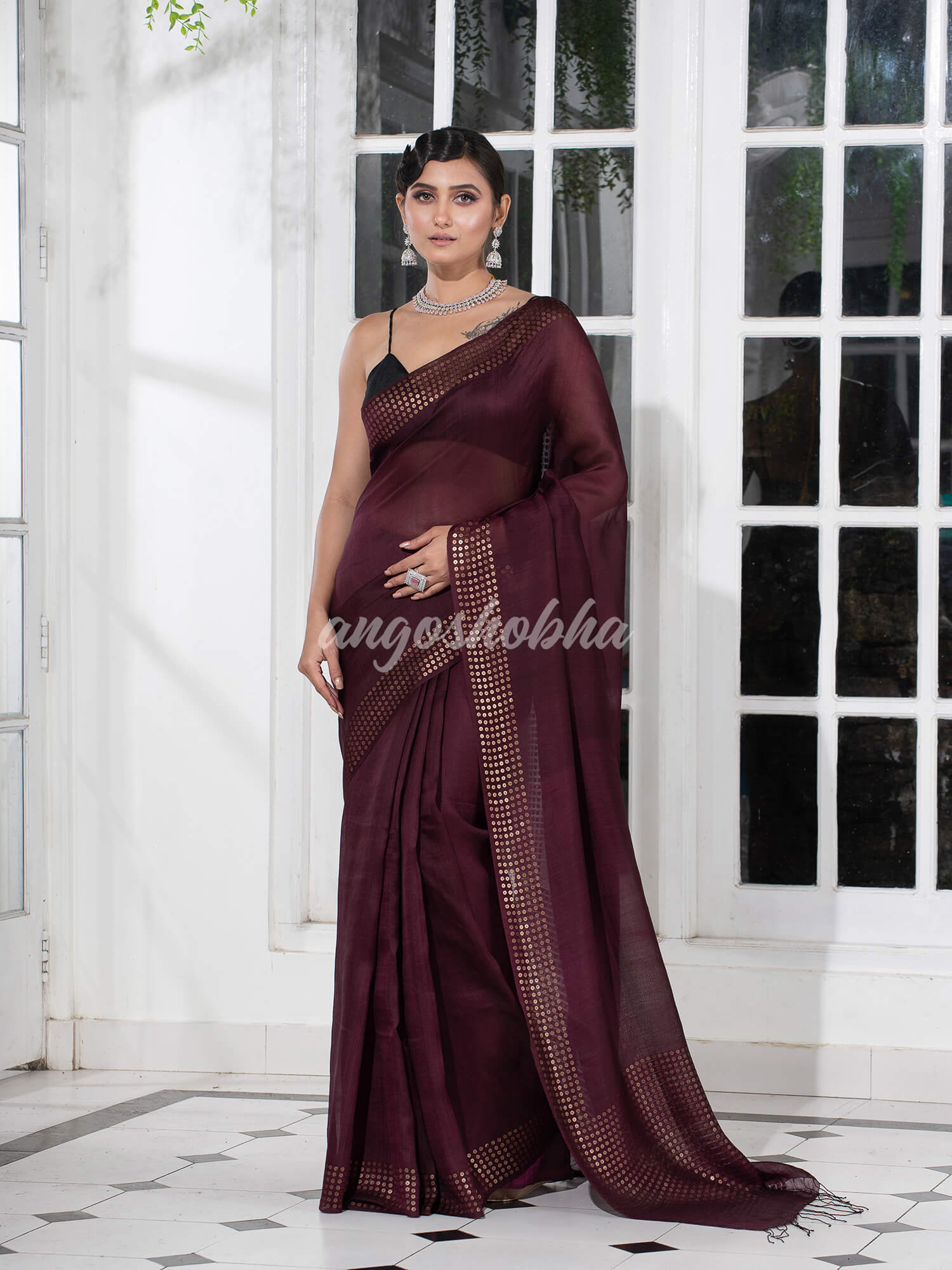 Wine  Muslin Silk Handloom Saree