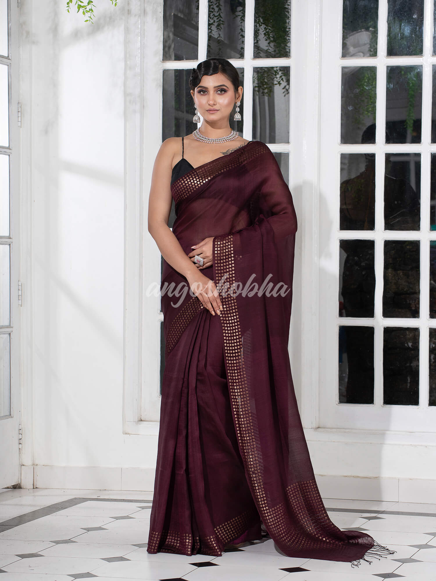 Wine  Muslin Silk Handloom Saree
