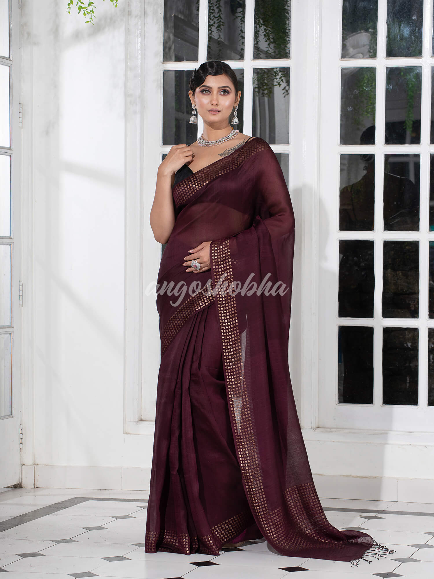 Wine  Muslin Silk Handloom Saree