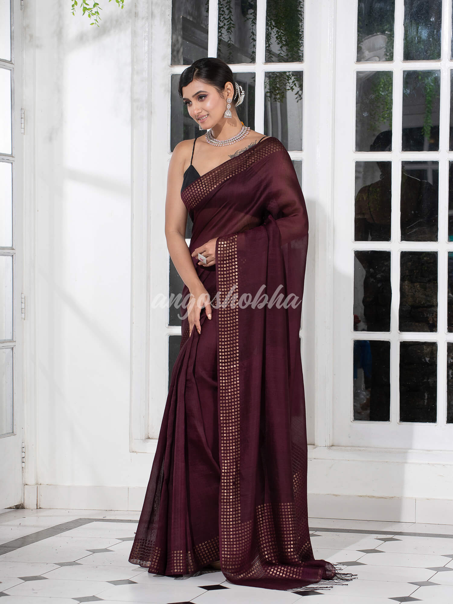 Wine  Muslin Silk Handloom Saree