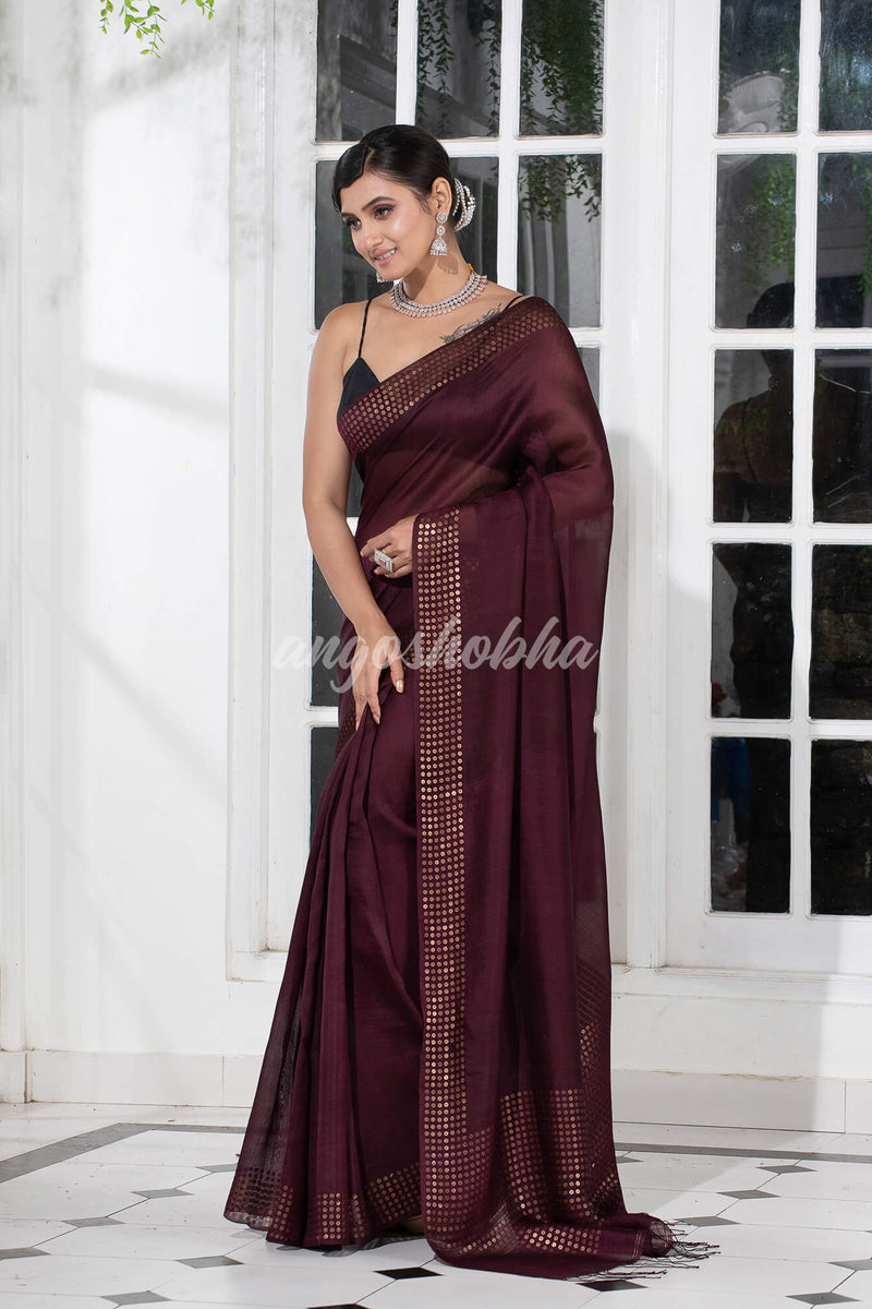 Wine  Muslin Silk Handloom Saree