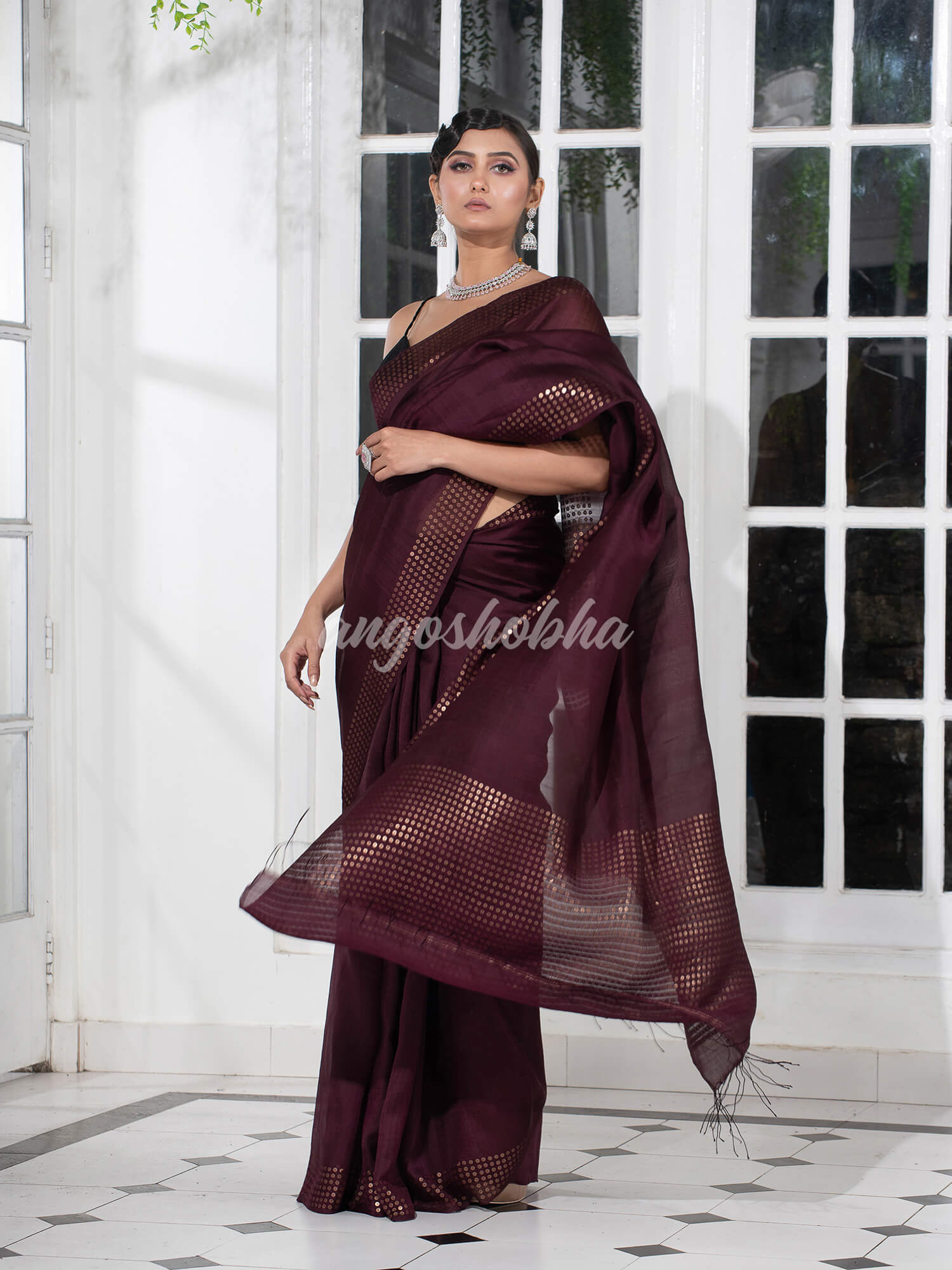 Wine  Muslin Silk Handloom Saree