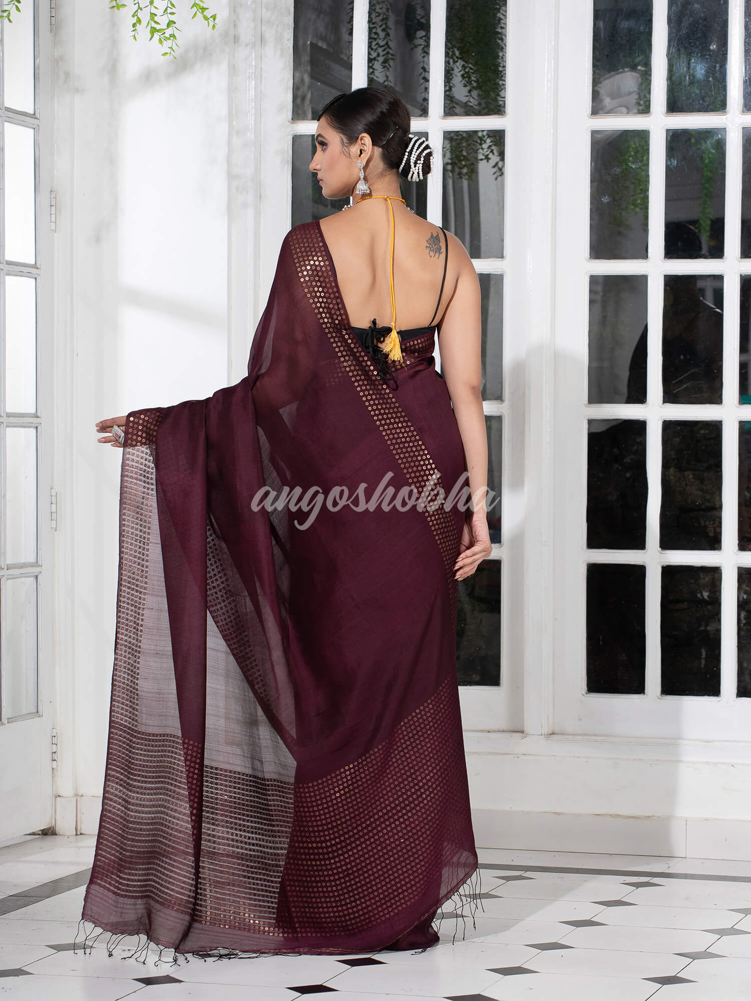 Wine  Muslin Silk Handloom Saree