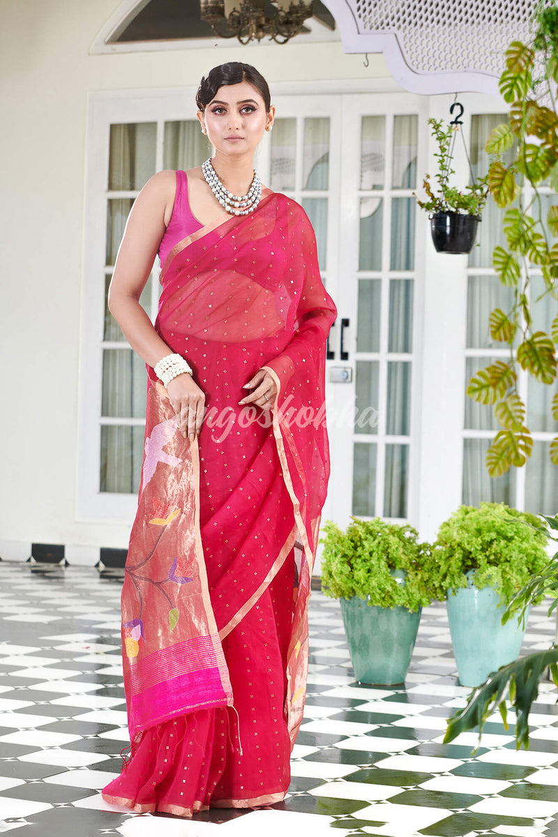 Bright Pink Paithani Muslin Silk Handwoven Saree