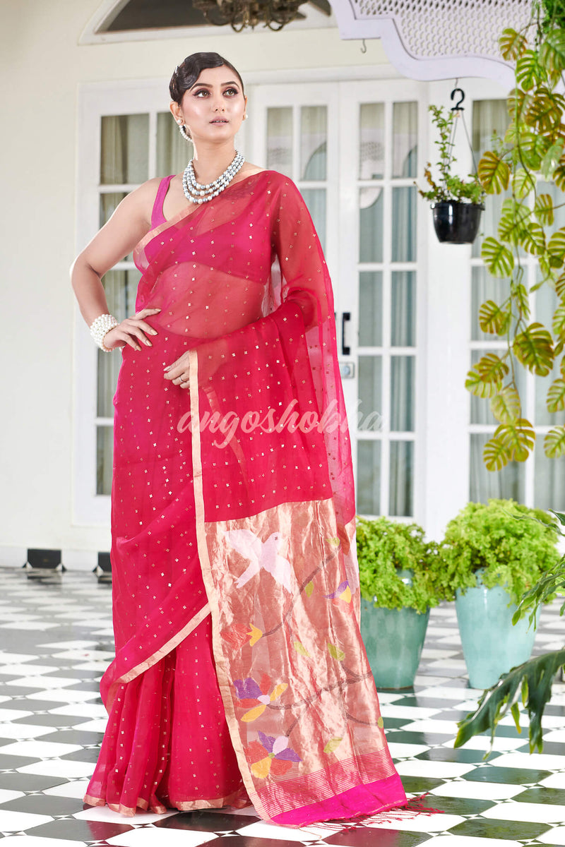 Bright Pink Paithani Muslin Silk Handwoven Saree