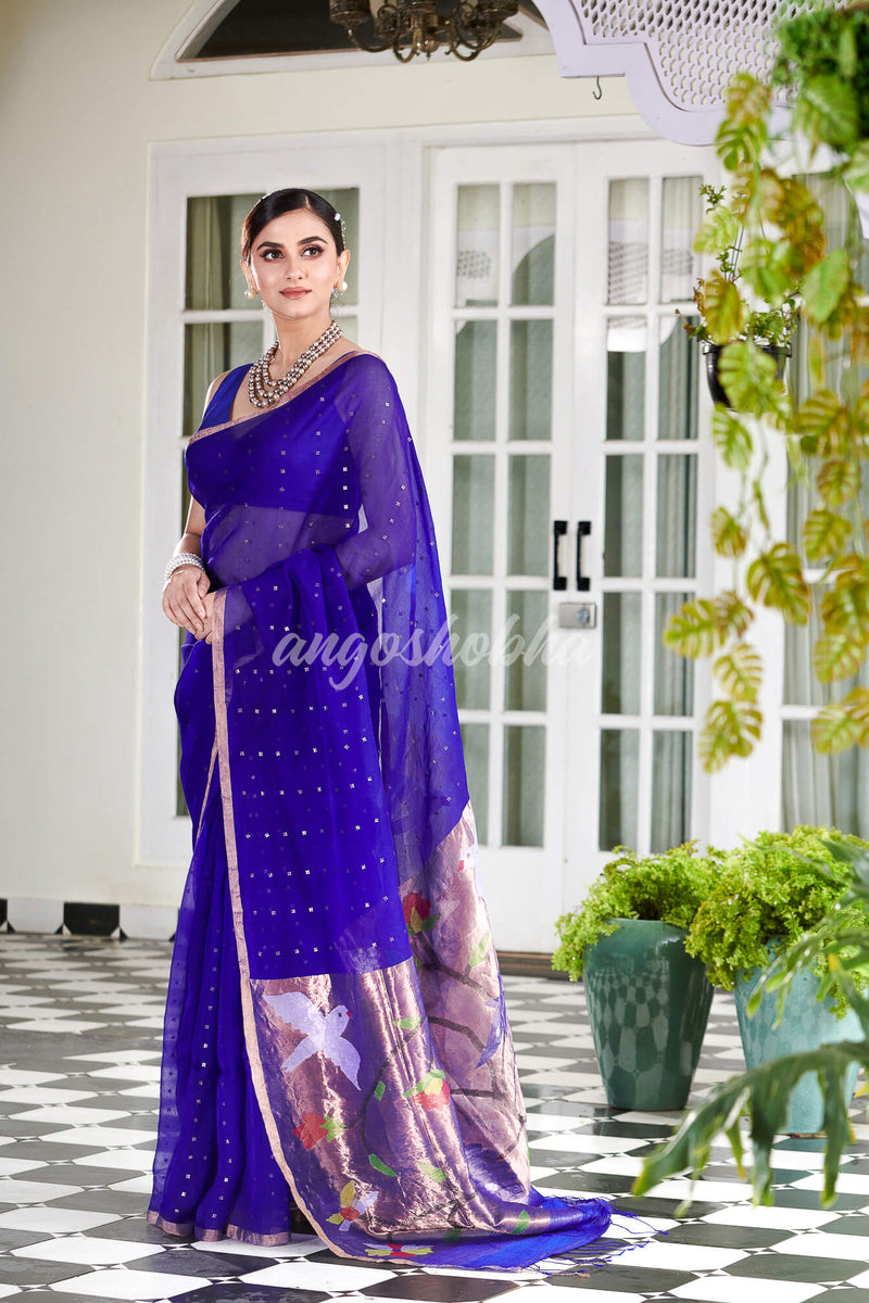 Blue Paithani Muslin Silk Handwoven Saree