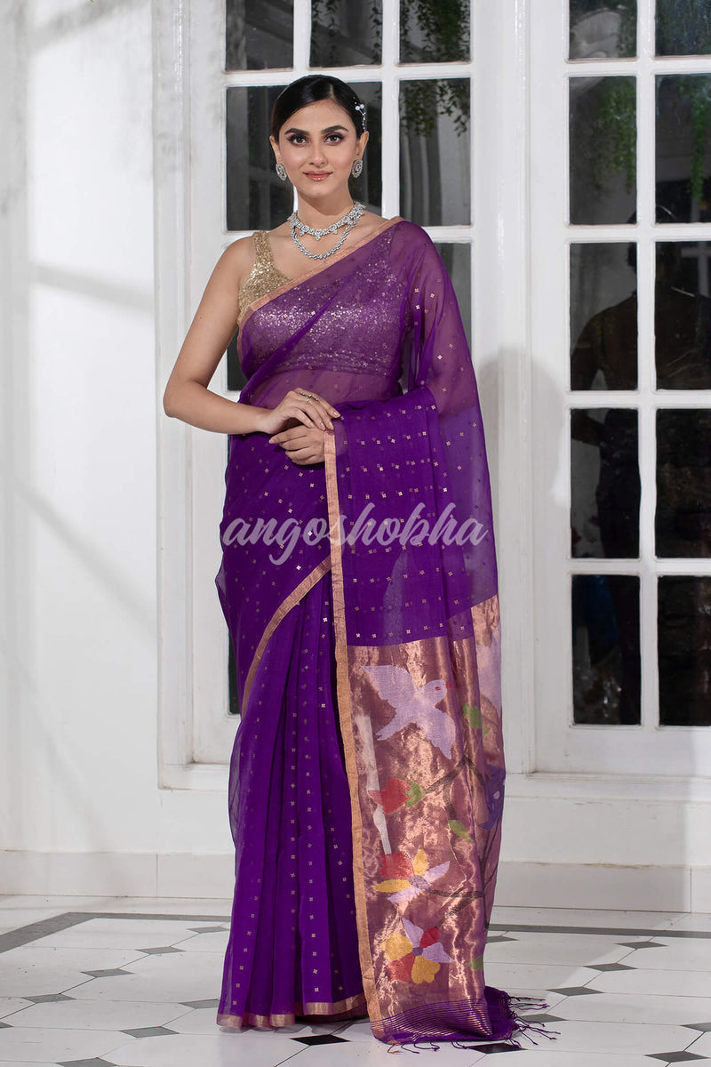 Purple Paithani Muslin Silk Handwoven Saree