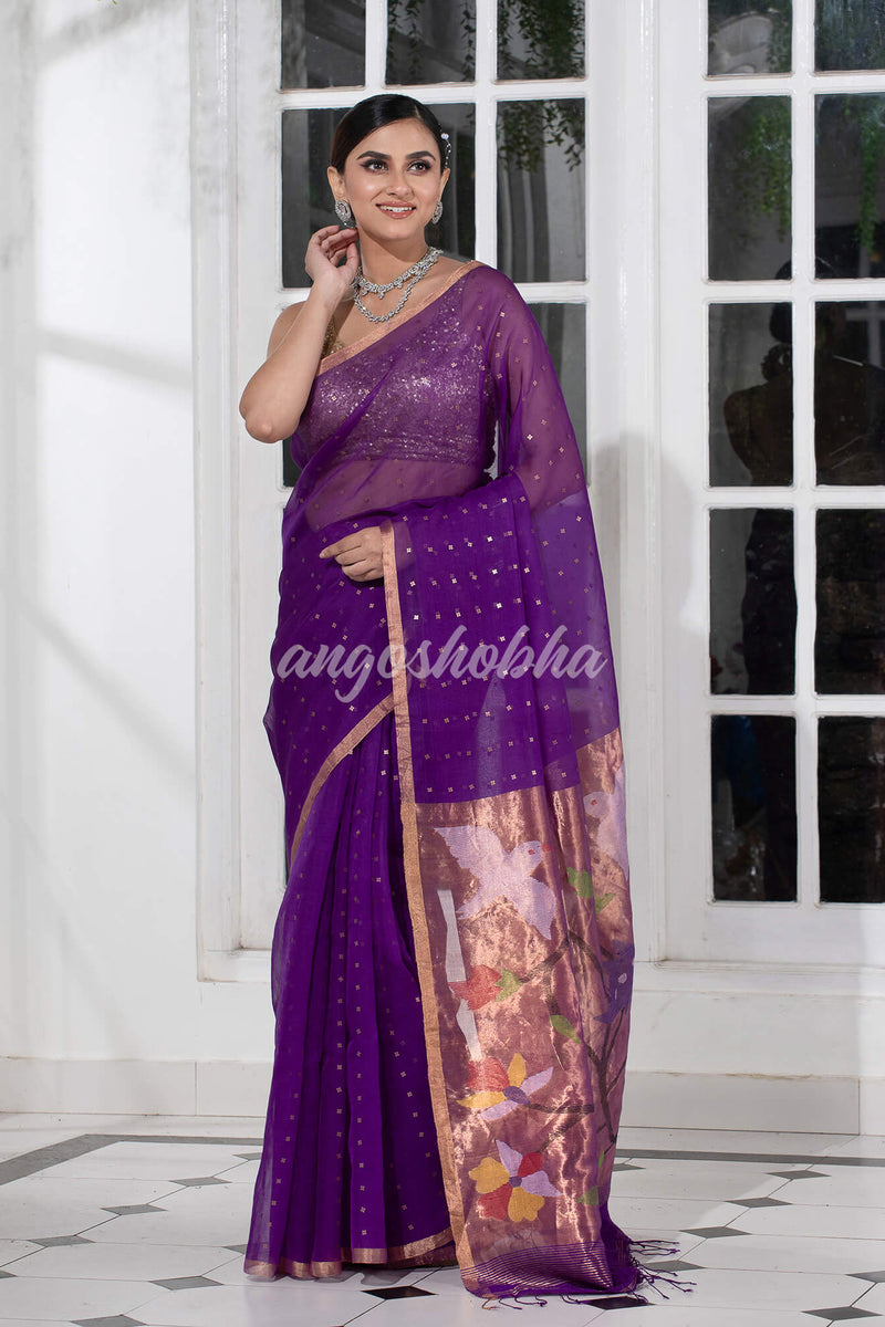 Purple Paithani Muslin Silk Handwoven Saree