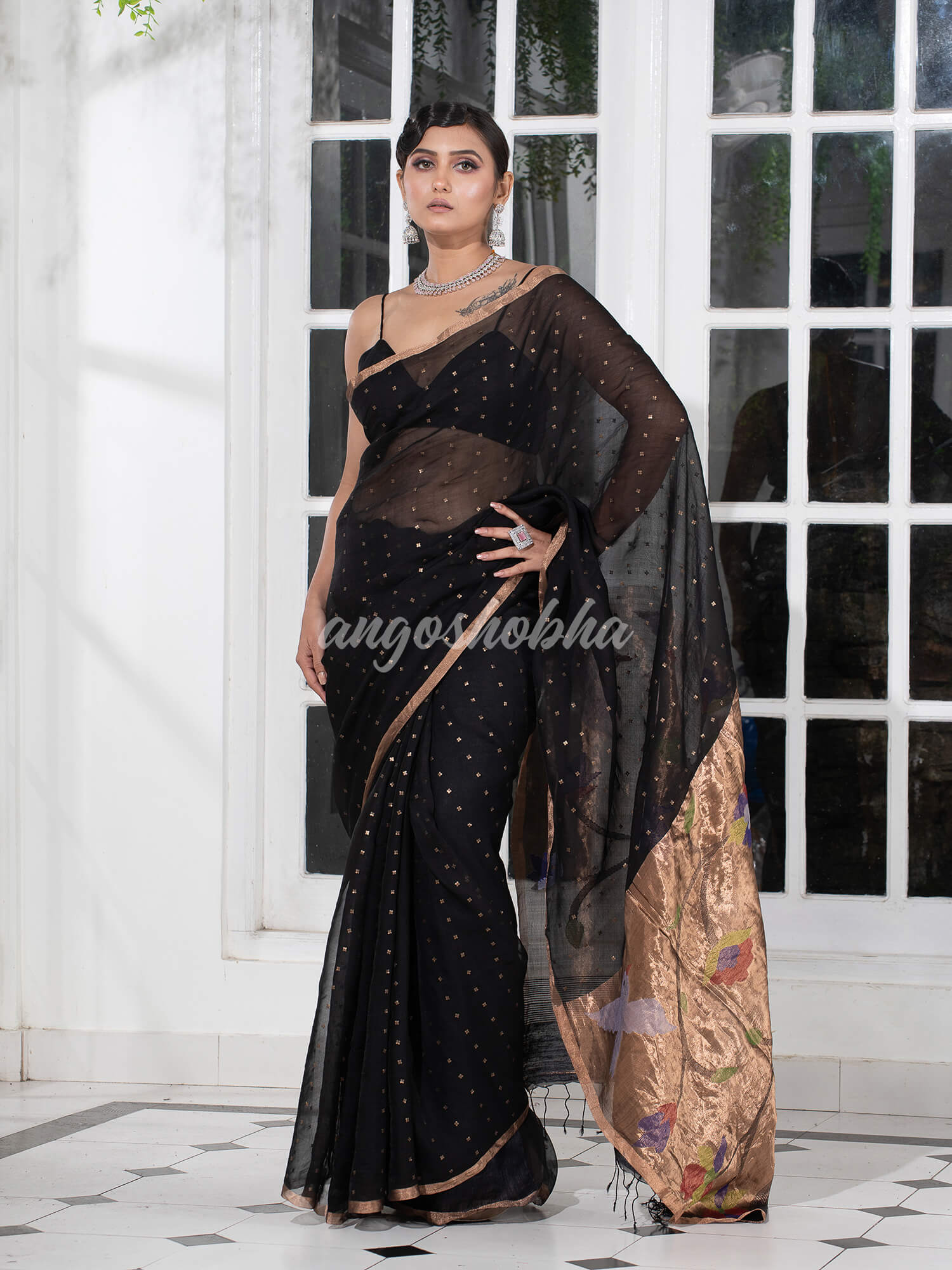 Black Paithani Muslin Silk Handwoven Saree