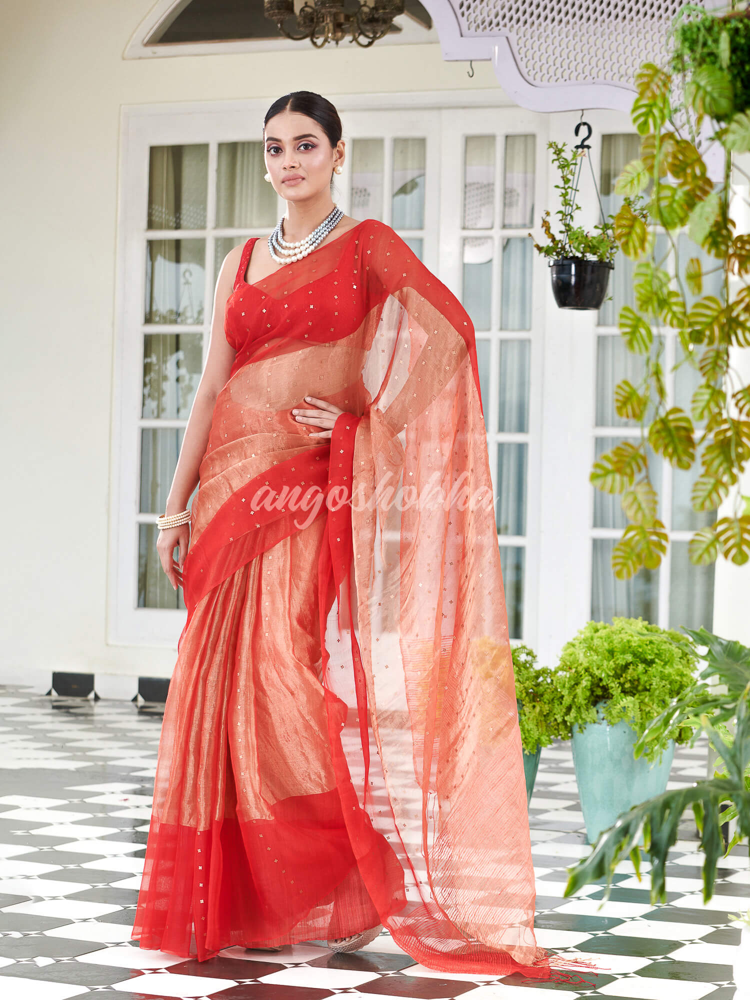 Red Silk Muslin Tissue Saree