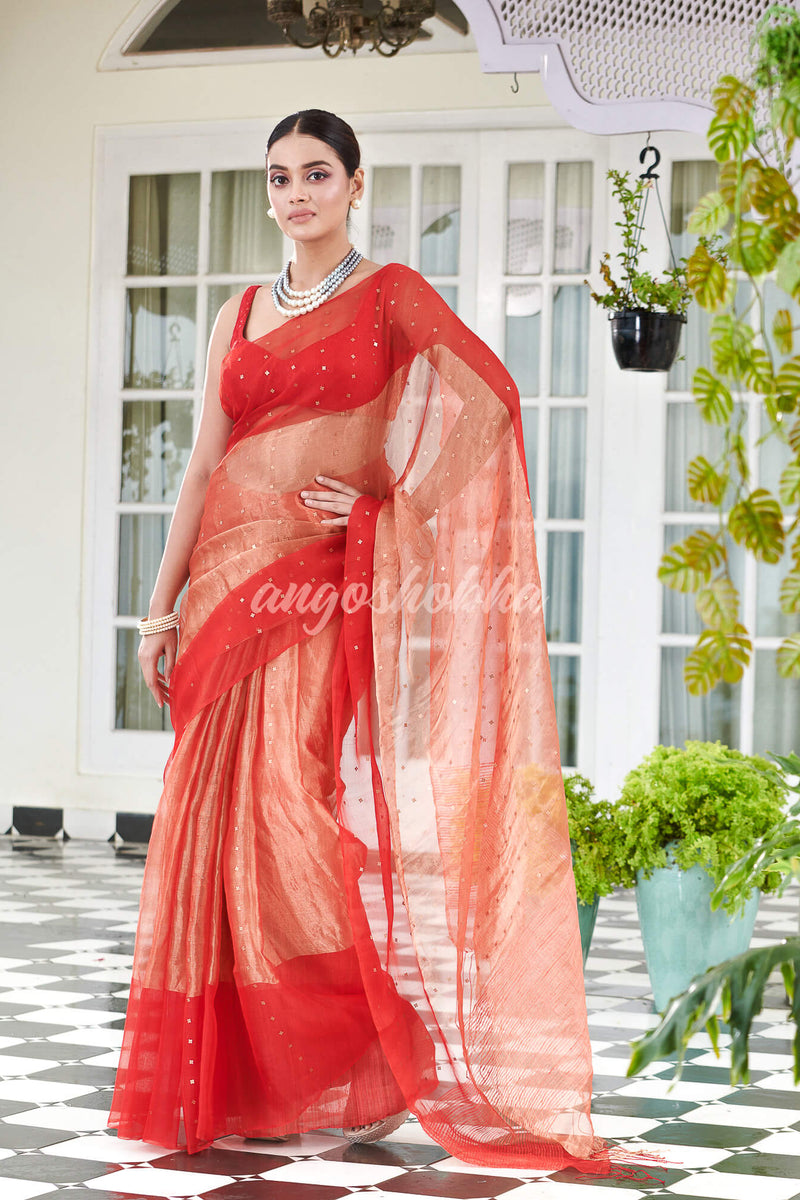 Red Silk Muslin Tissue Saree