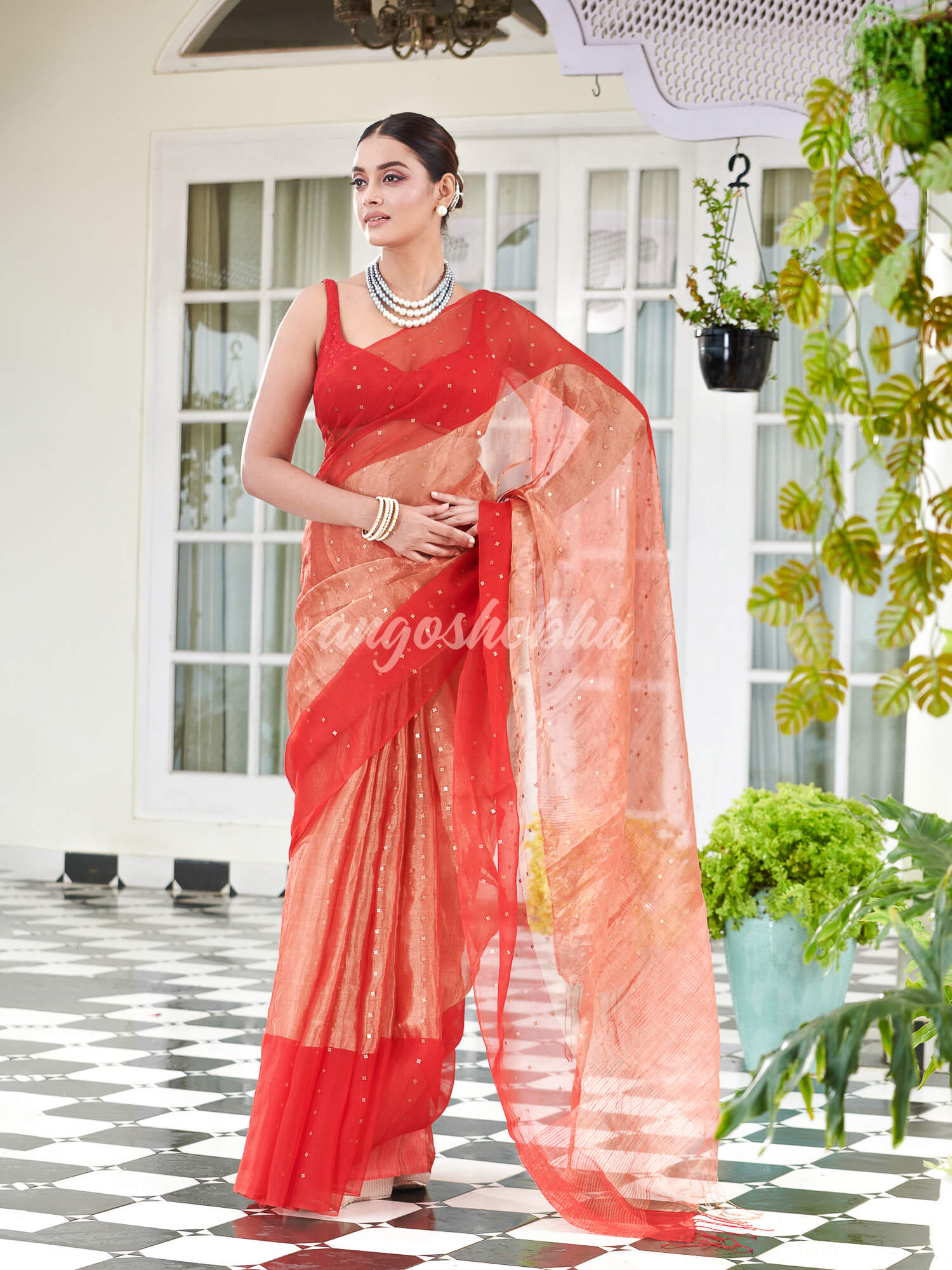 Red Silk Muslin Tissue Saree