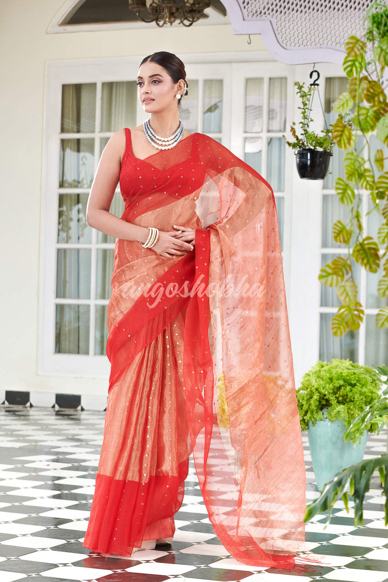Red Silk Muslin Tissue Saree