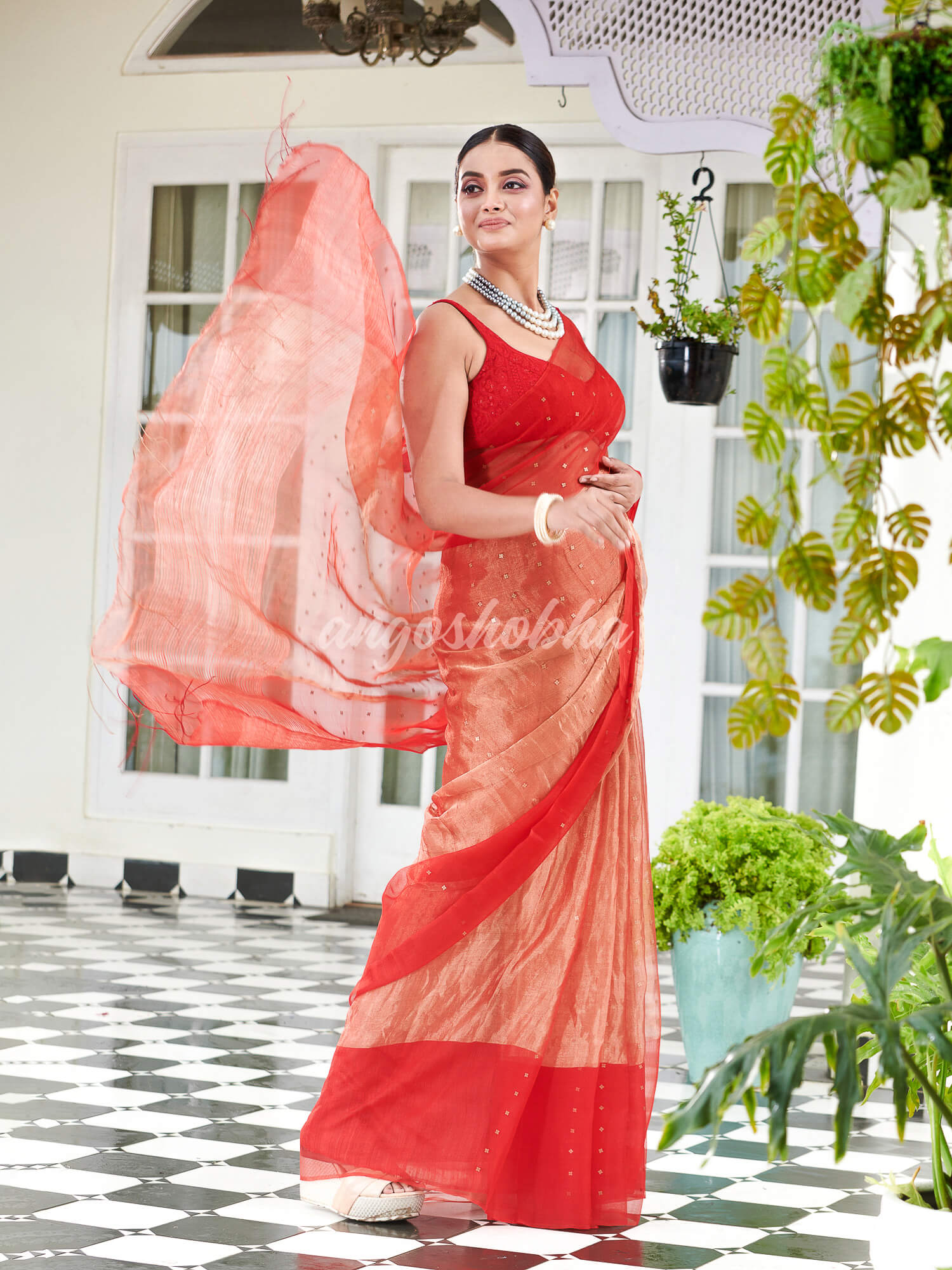 Red Silk Muslin Tissue Saree