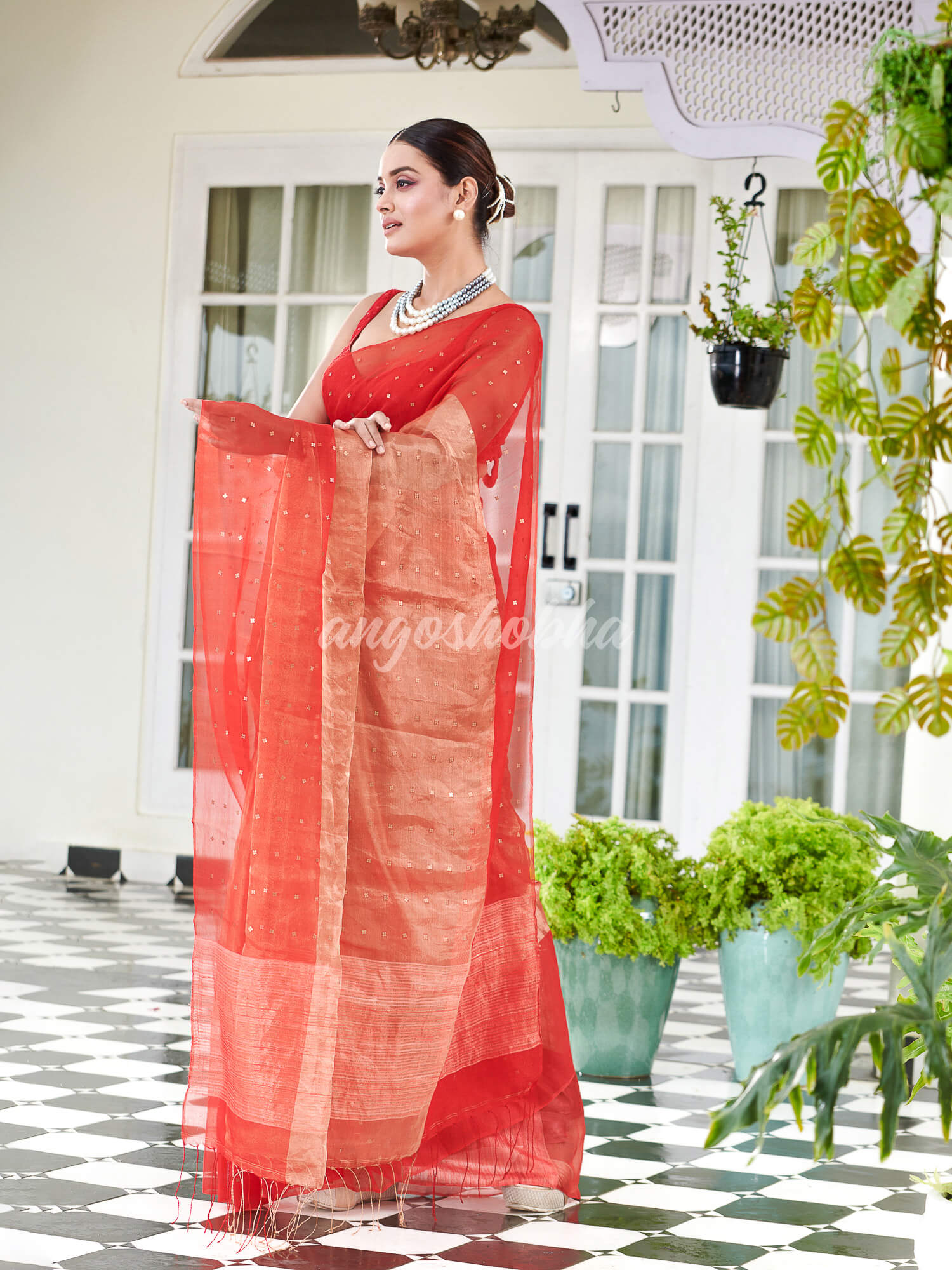 Red Silk Muslin Tissue Saree
