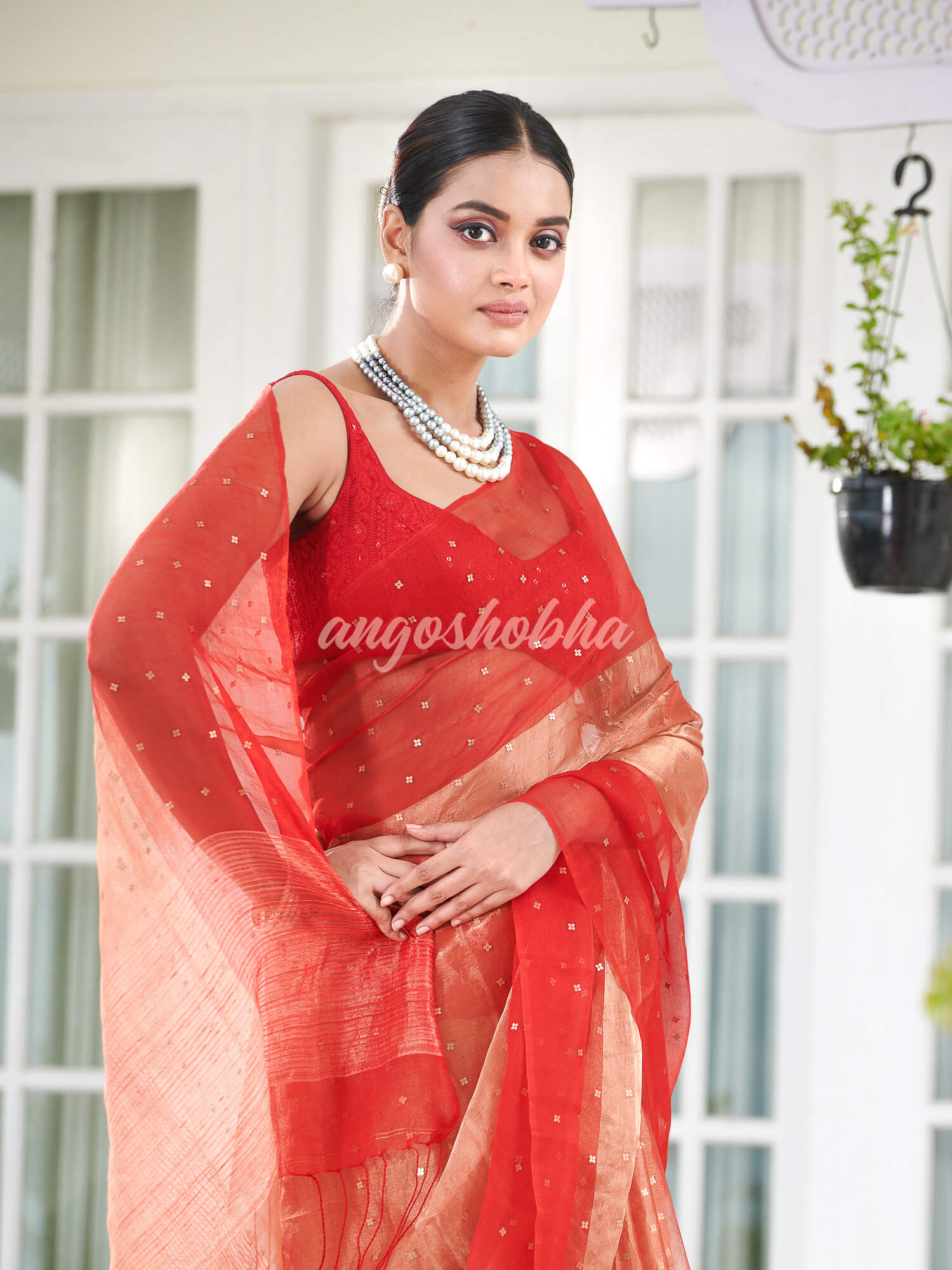 Red Silk Muslin Tissue Saree