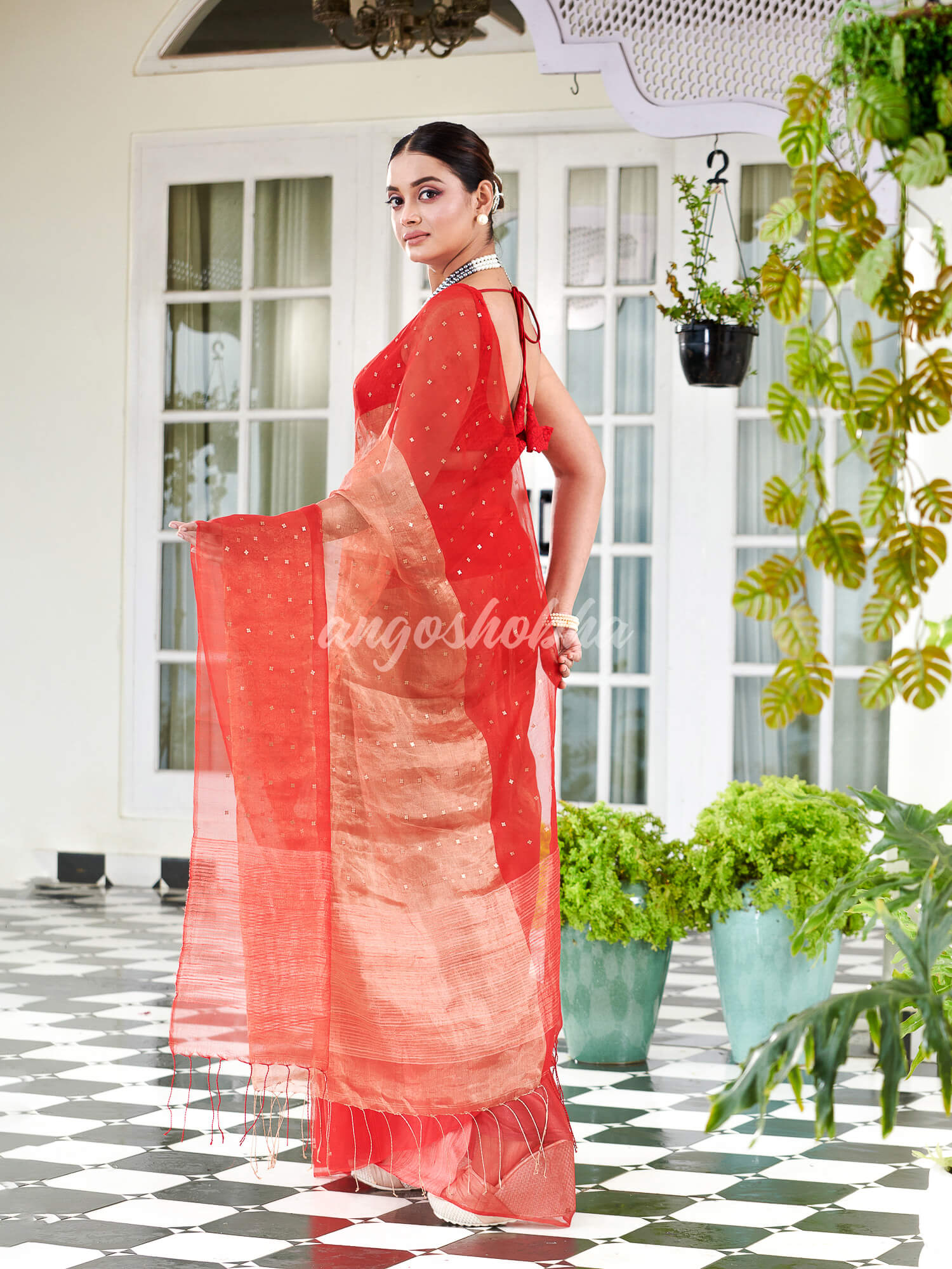 Red Silk Muslin Tissue Saree