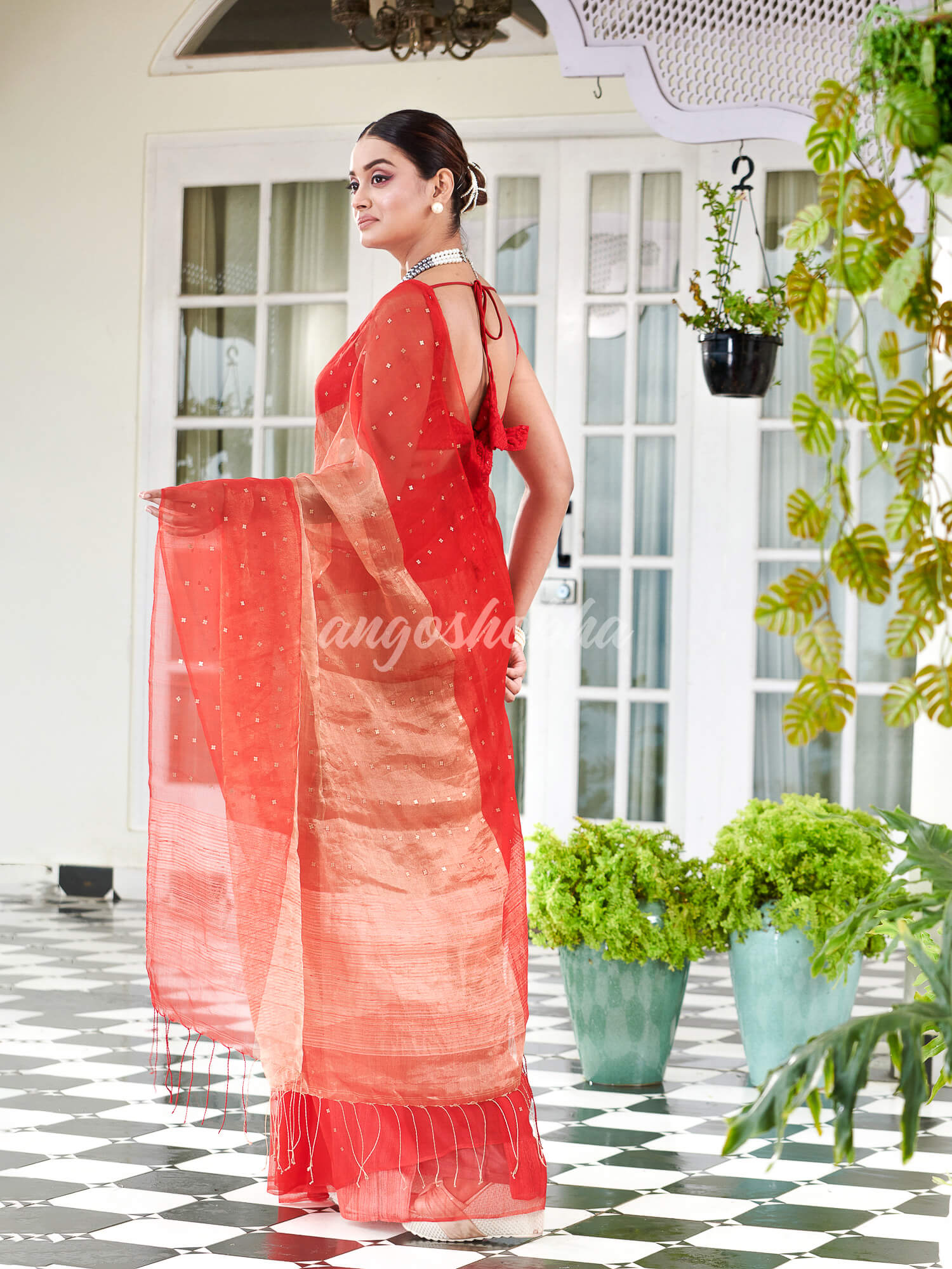 Red Silk Muslin Tissue Saree