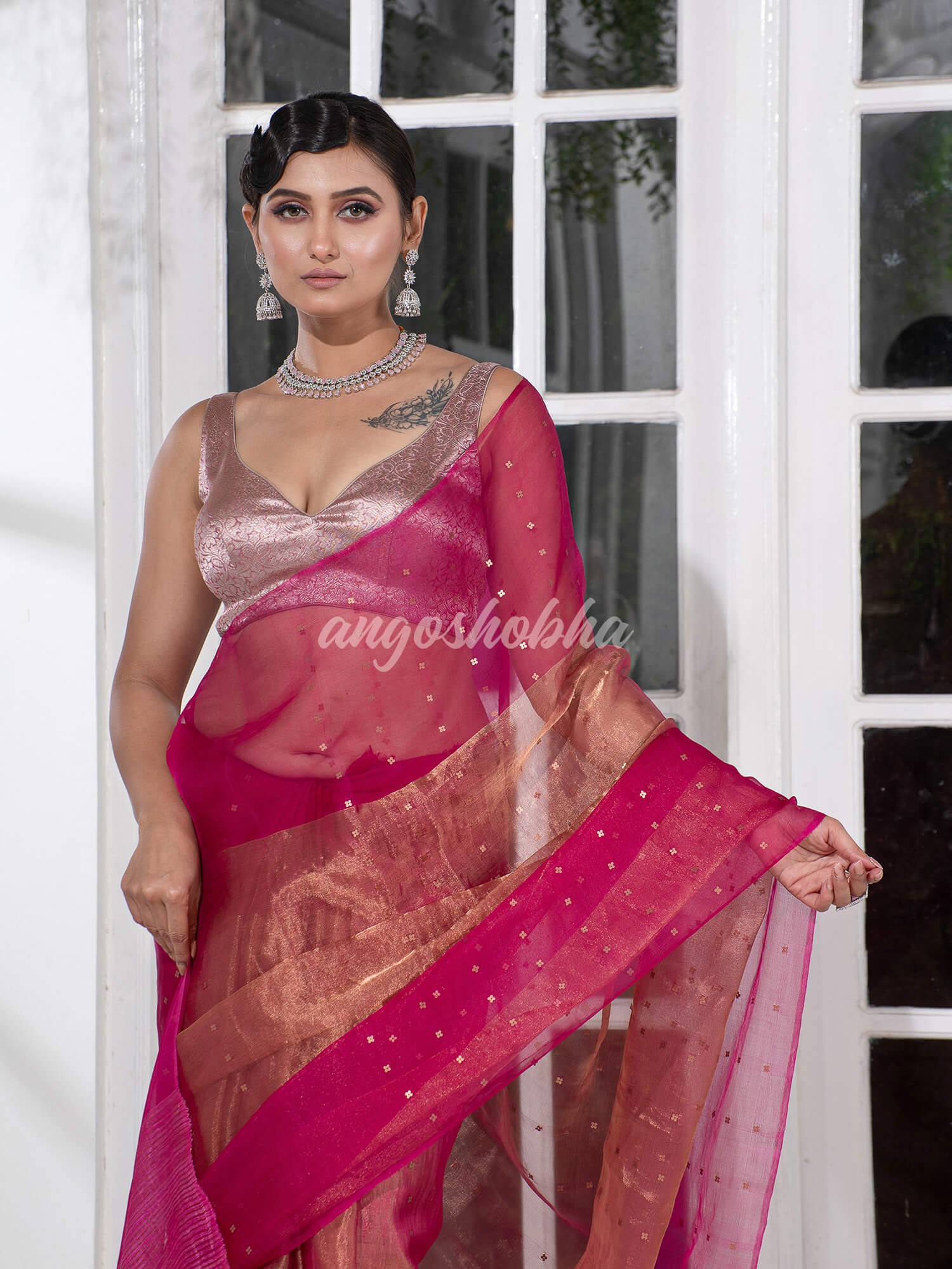 Magenta Silk Muslin Tissue Saree