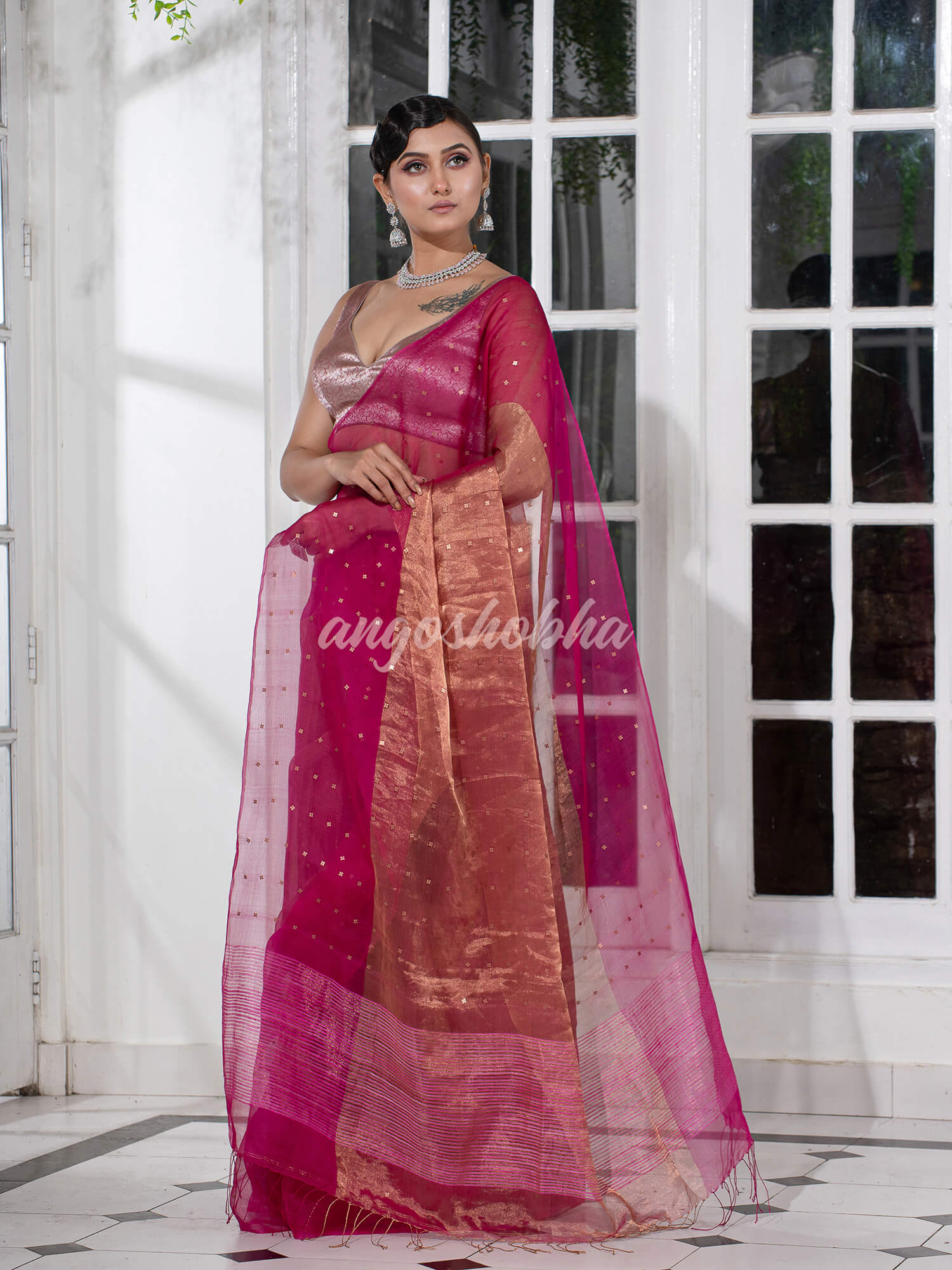 Magenta Silk Muslin Tissue Saree