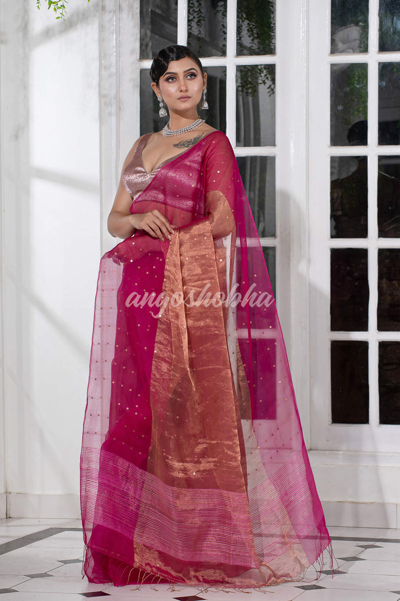 Magenta Silk Muslin Tissue Saree