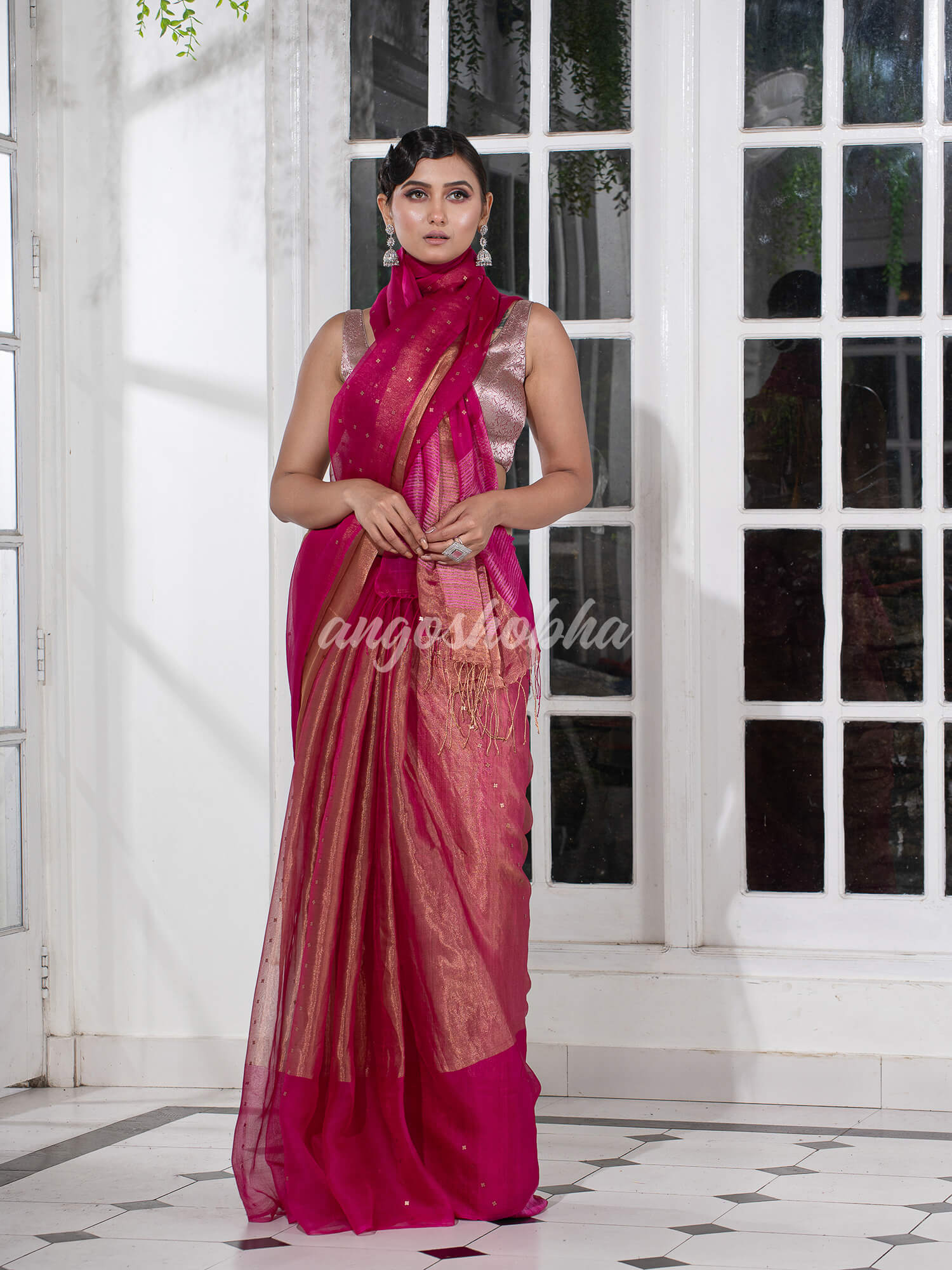 Magenta Silk Muslin Tissue Saree
