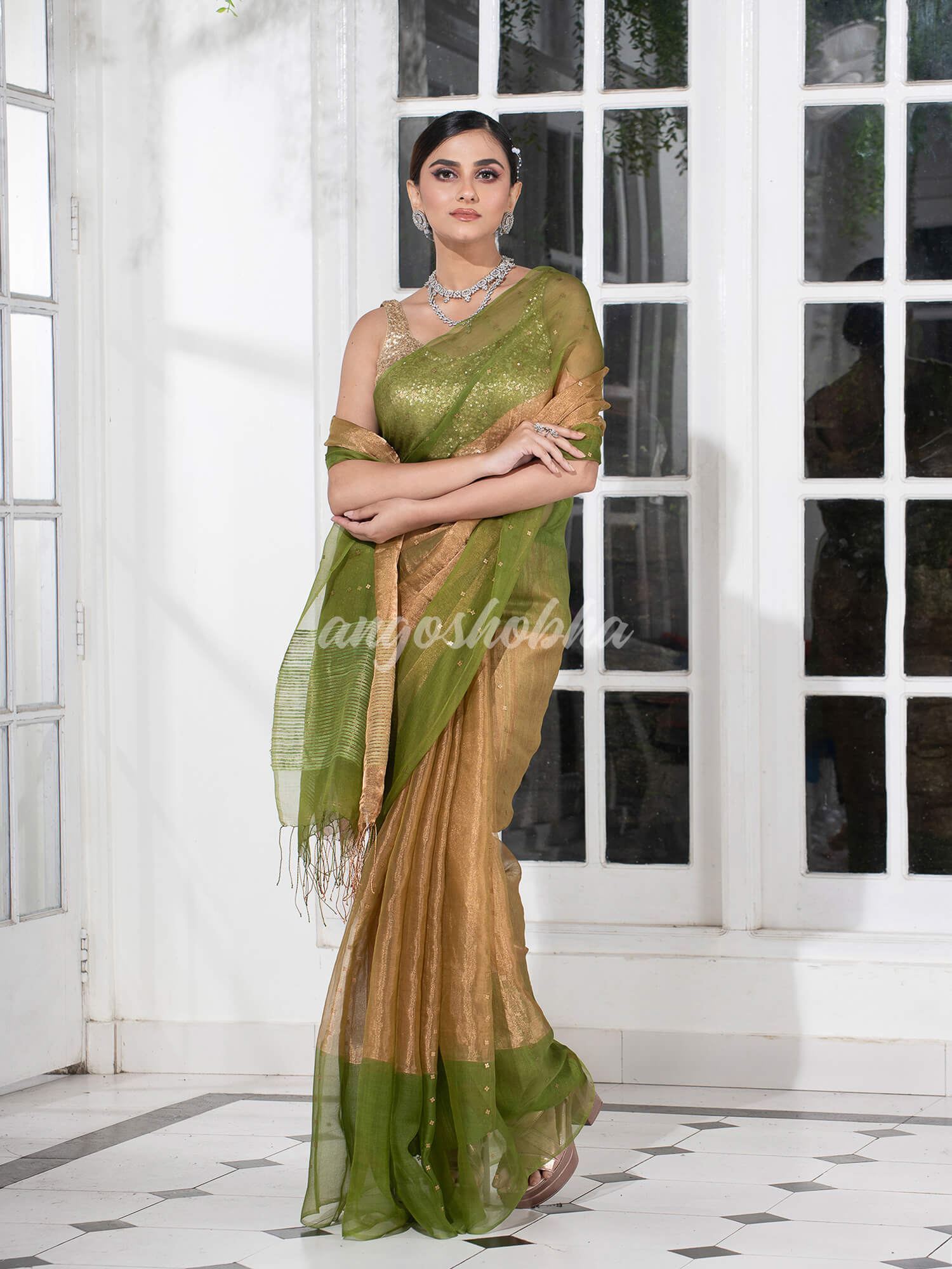 Grass Green Silk Muslin Tissue Saree